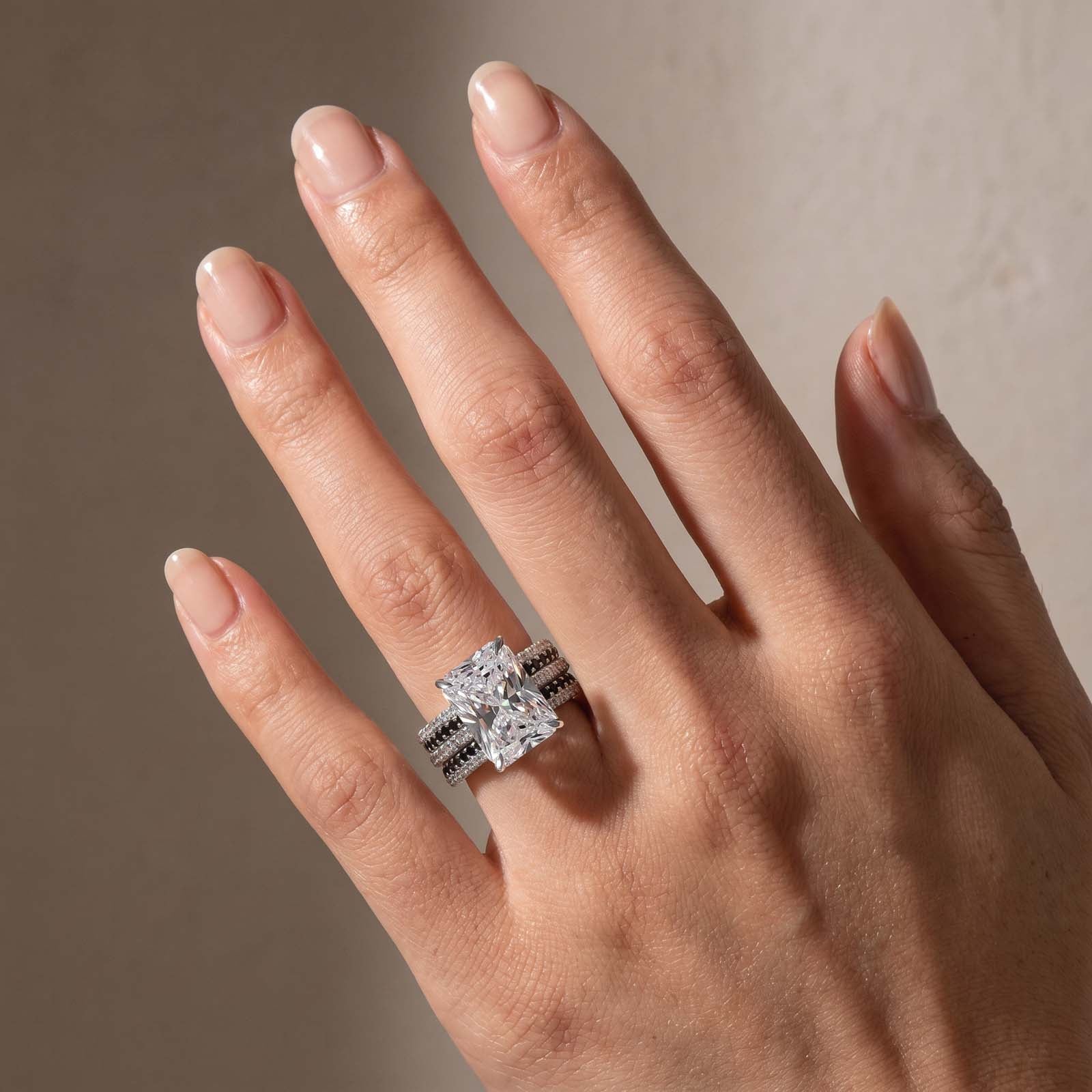 S925 7.0Ct Radiant Cut 2PC Wedding Sets Engagement Ring with Black & White Color Enhancer Wedding Band