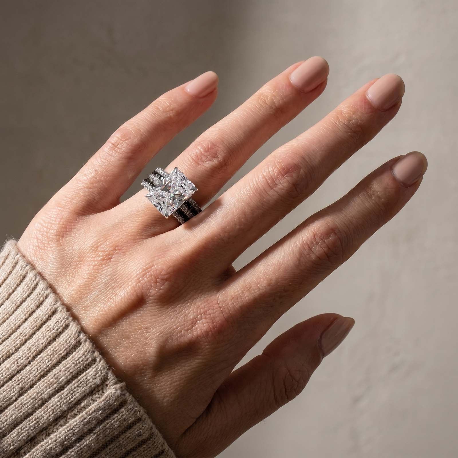 S925 7.0Ct Radiant Cut 2PC Wedding Sets Engagement Ring with Black & White Color Enhancer Wedding Band