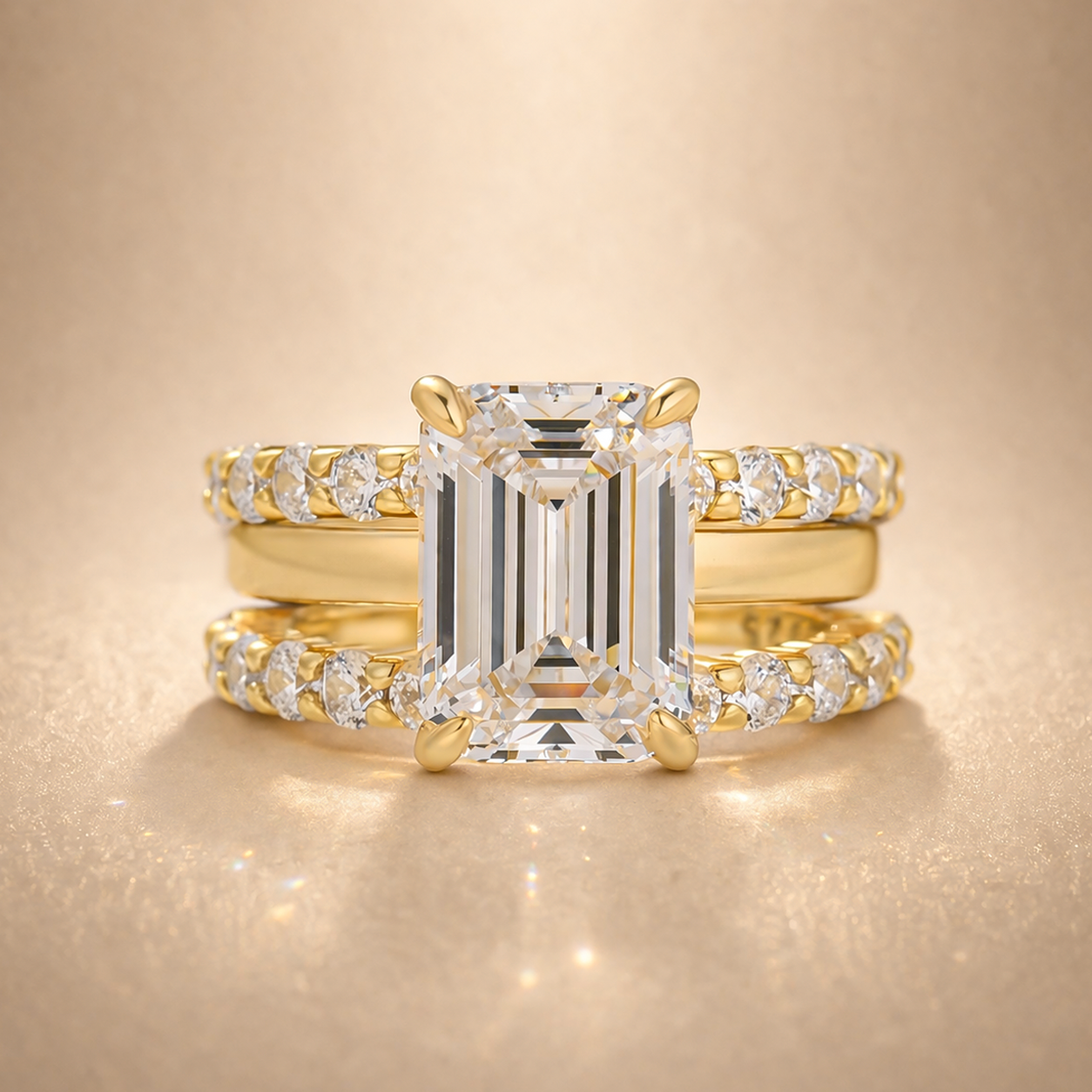 S925 4.5Ct Emerald Cut Wedding Ring Set With 3PC Open Wedding Bands