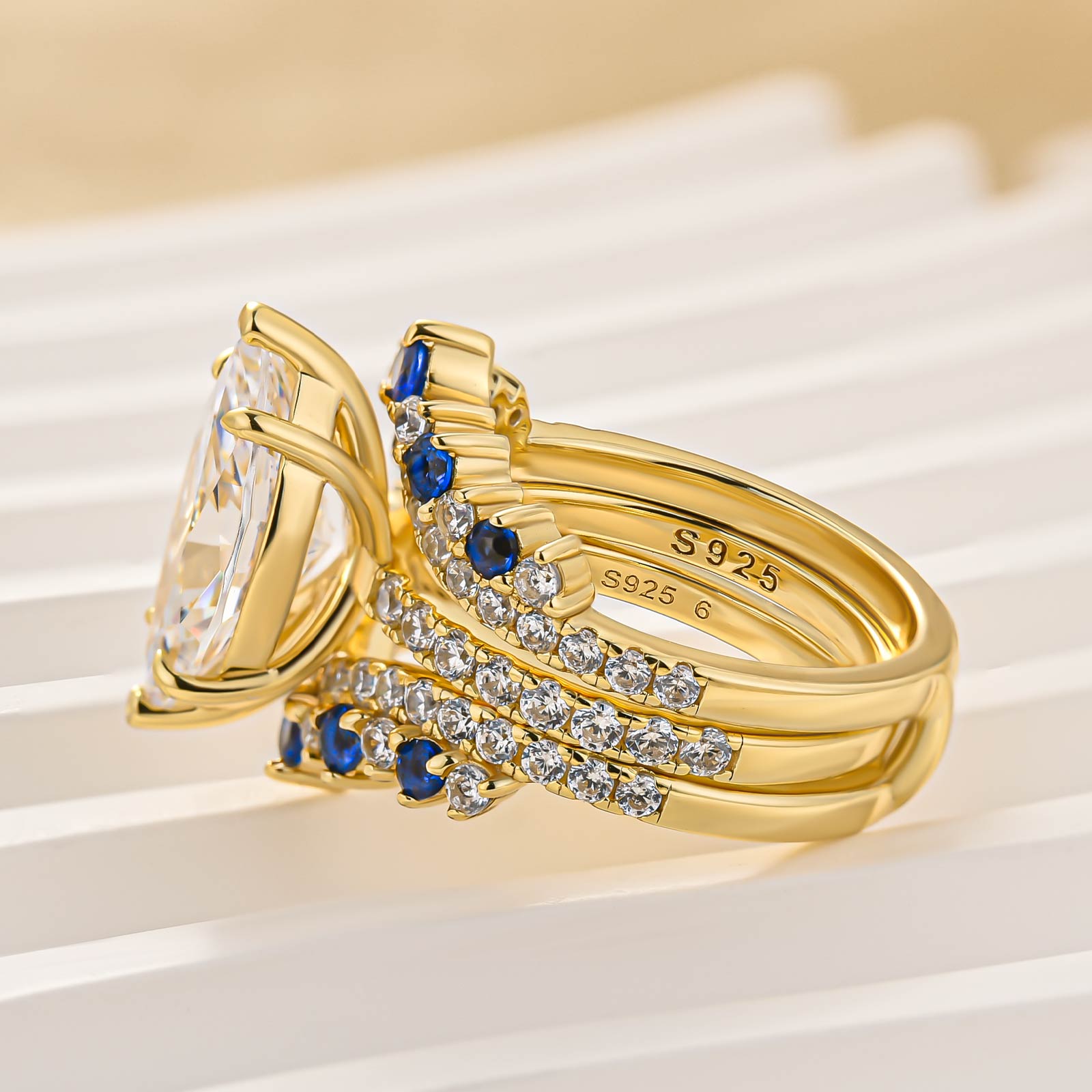 2PC Enhancer Wedding Sets 3.5Ct Marquise Cut Half Enternity Yellow Gold Engagement Ring with Blue & White Stone Enhancer Wedding Band