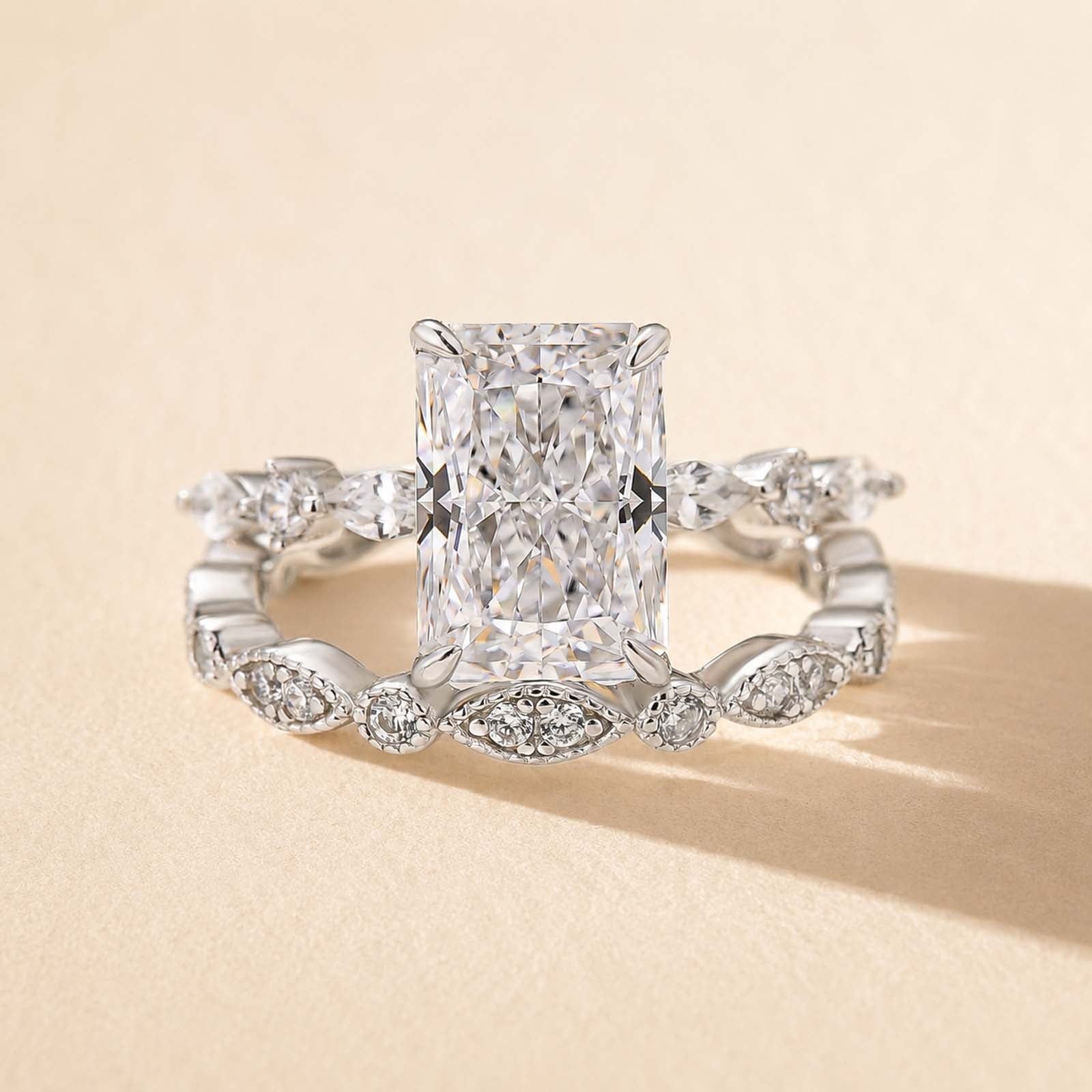S925 3.5Ct Radiant Cut Engagement Ring with Vintage Round Cut Wedding Band In Sterling Silver