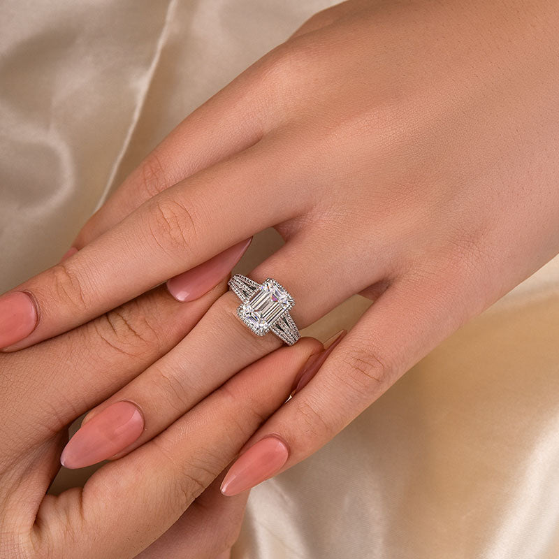 Louily Exclusive Split Shank Emerald Cut Engagement Ring In Sterling Silver - louilyjewelry