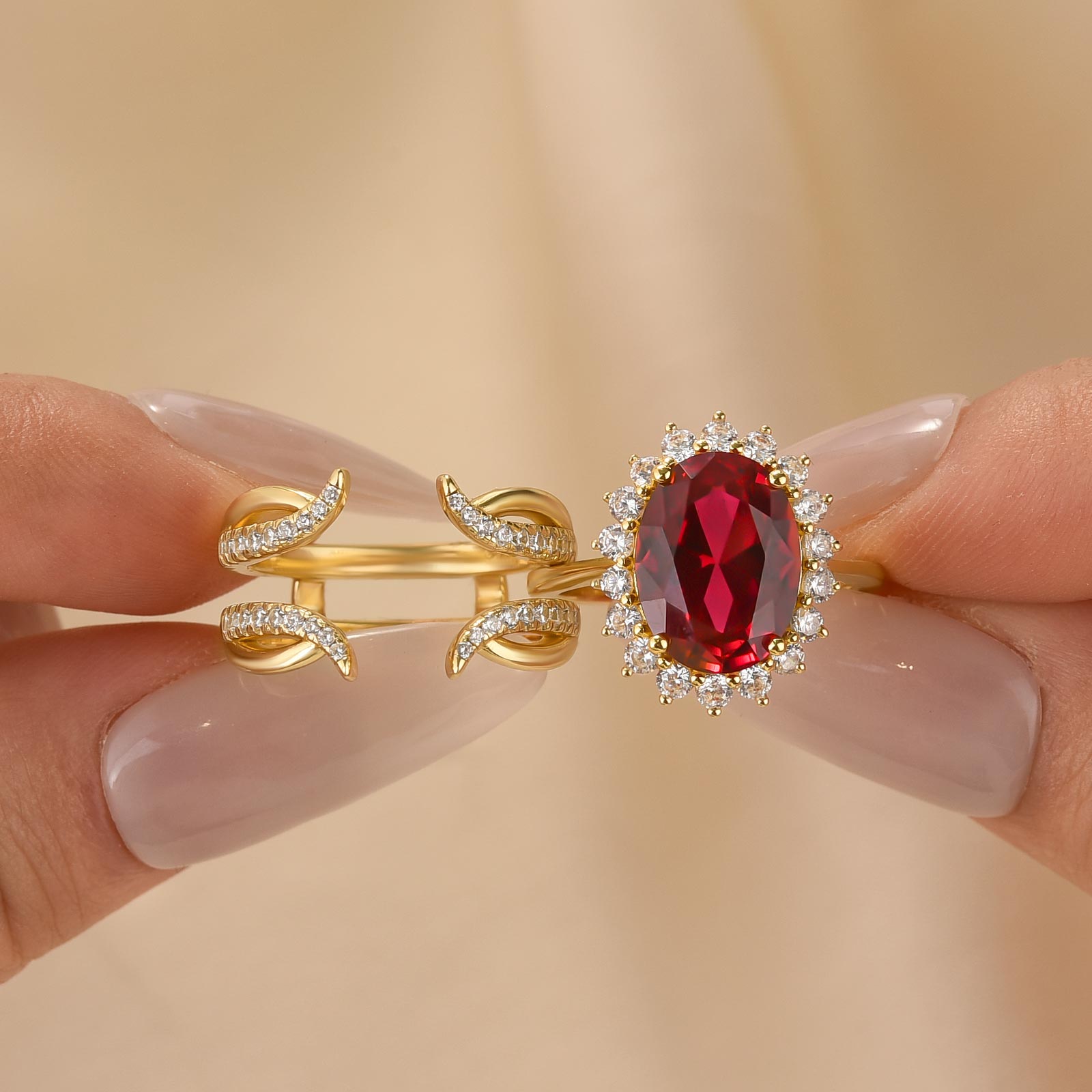 2PC Halo 4.5Ct Oval Cut Wedding Ring Set Engagement Ring With Jacket Wedding Band