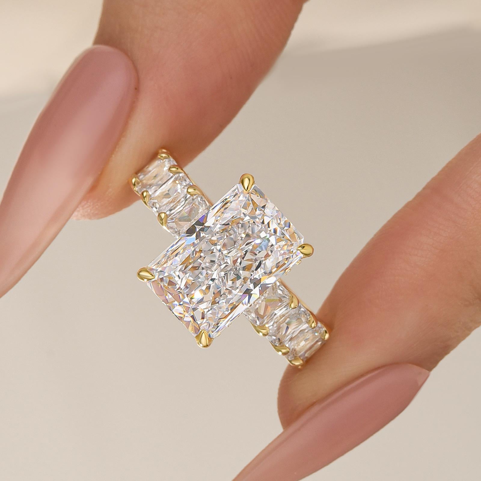 5.0Ct Radiant Cut Hidden Halo Half Engagement Ring In Sterling Silver - louilyjewelry