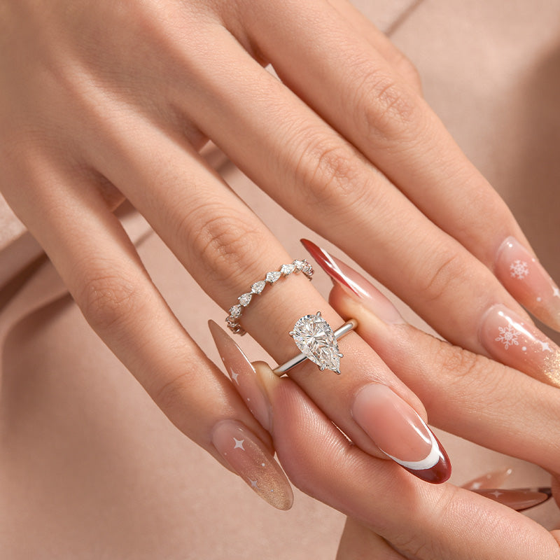 2PC Moissanite 2.5Ct Pear Cut Engagement Ring With Pear Cut Wedding Band Wedding Ring Set