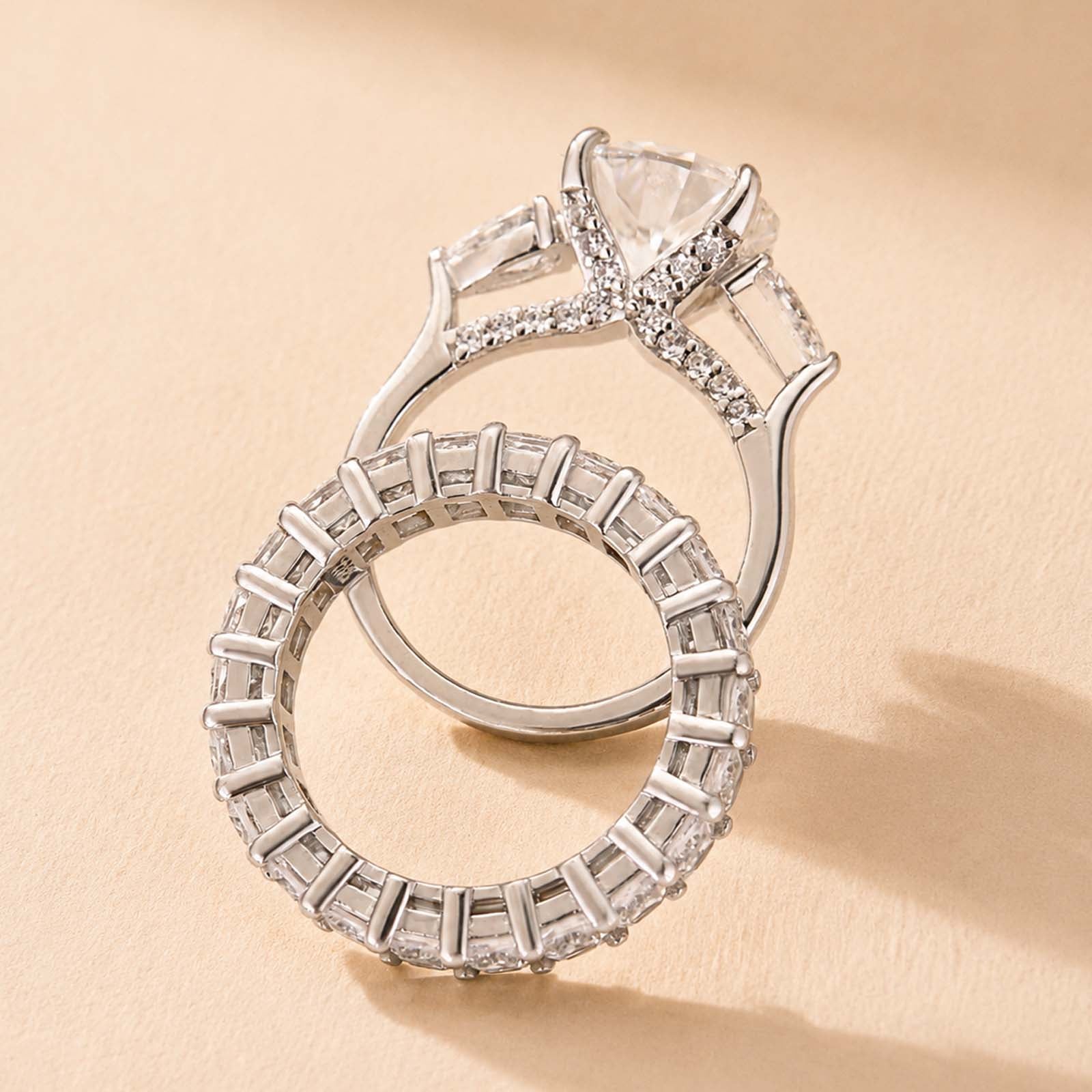 S925 Moissanite 4.0Ct Round Cut Three Stone Ring & 3.5Ct Band Stackable Statement Ring For Her