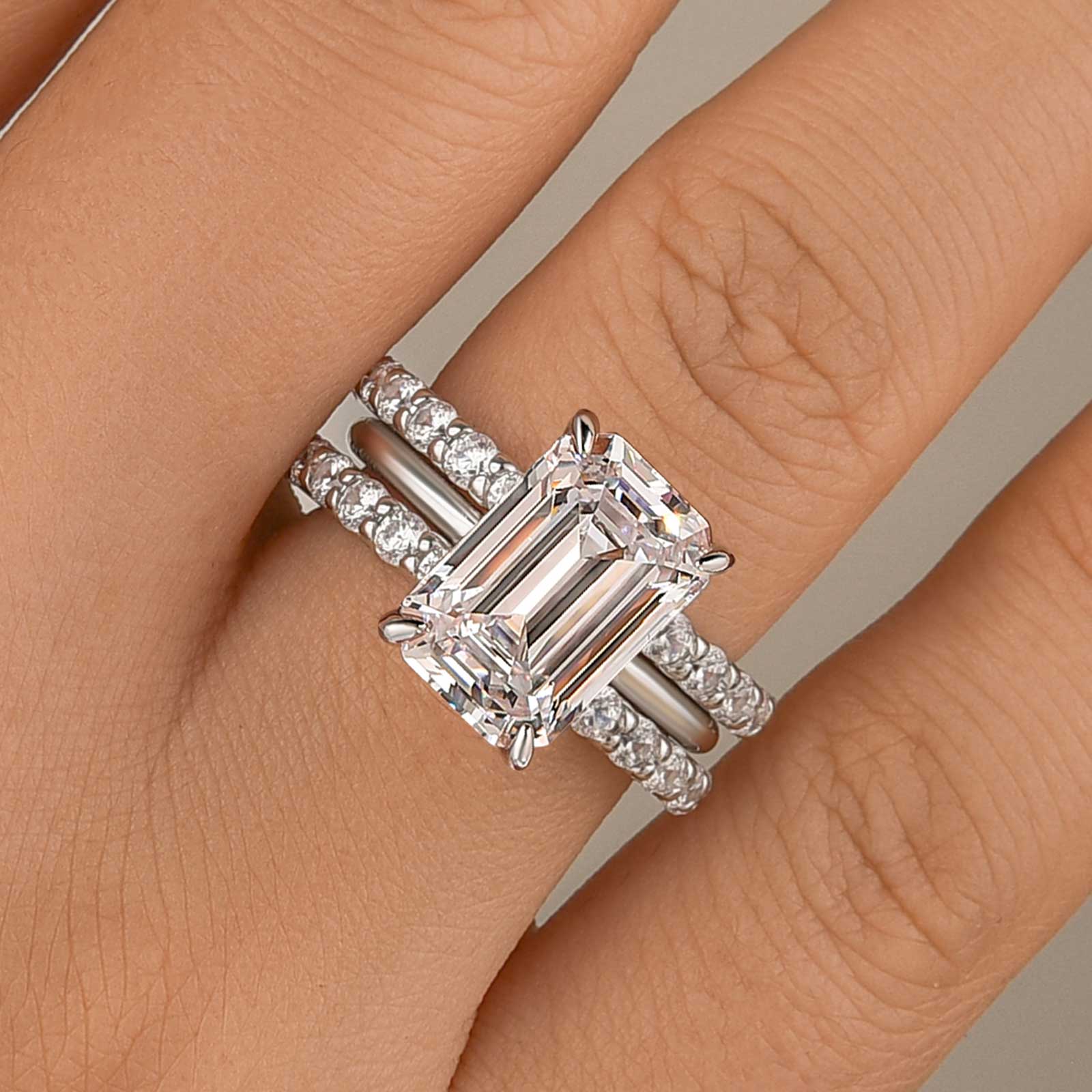3PC 5.0Ct Emerald Cut Wedding Ring Set With Two Open Wedding Bands