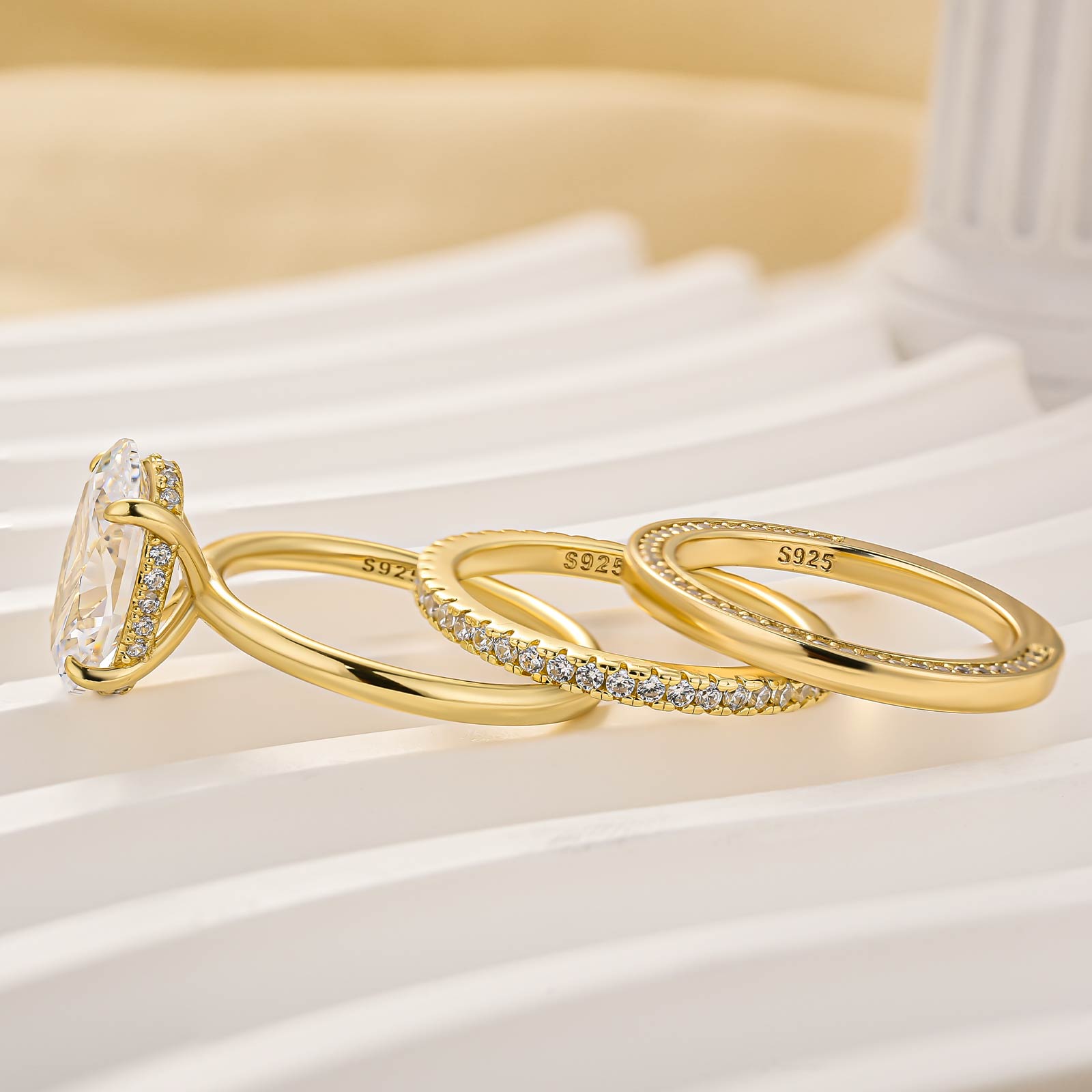 3PC Wedding Sets 4.0Ct Solitaire Oval Cut Hidden Halo Engagement Ring with 2PC Yellow Gold Wedding Bands