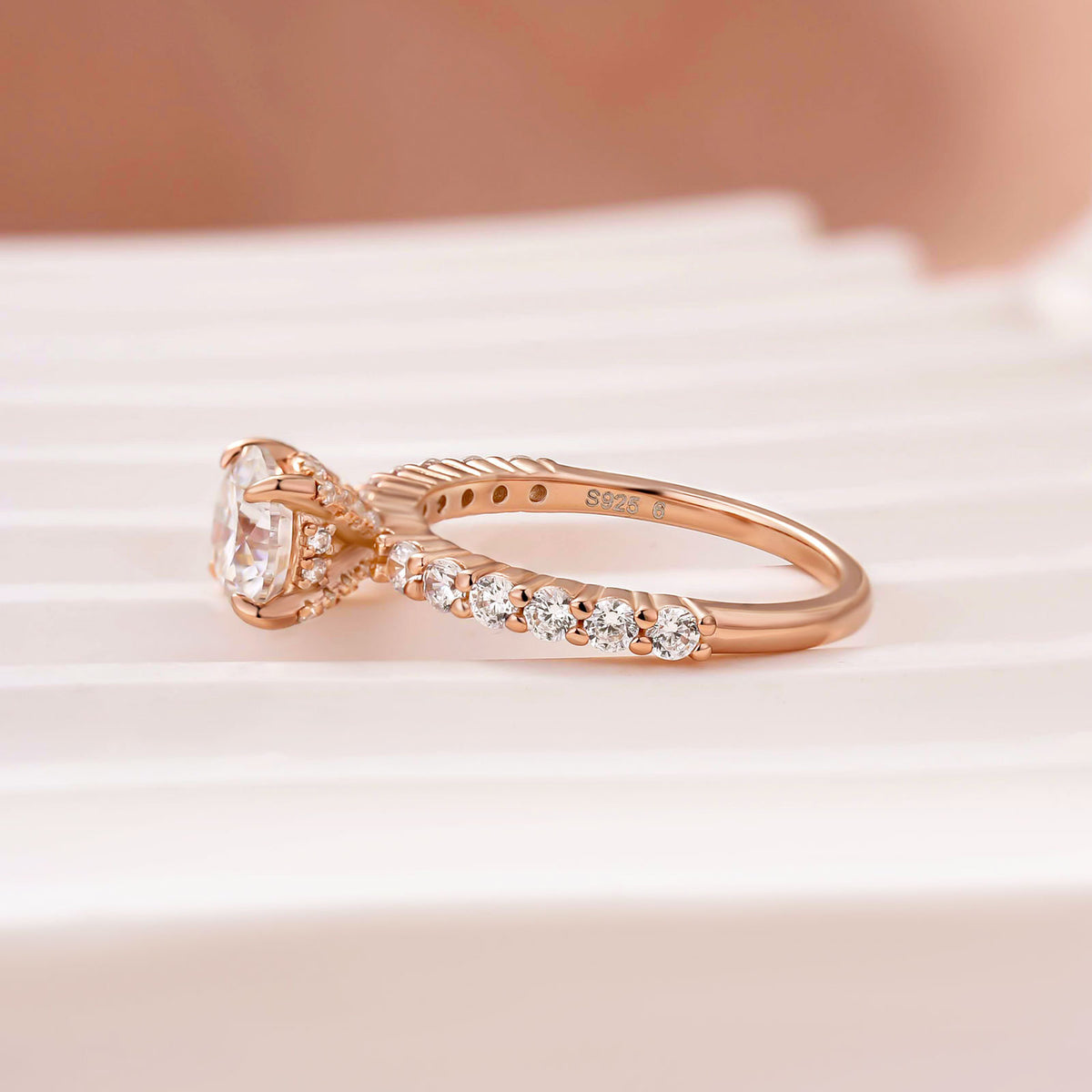 Moissanite 1.0Ct Round Cut Hidden Halo Stackable Side Stone Ring For Everyday Wear