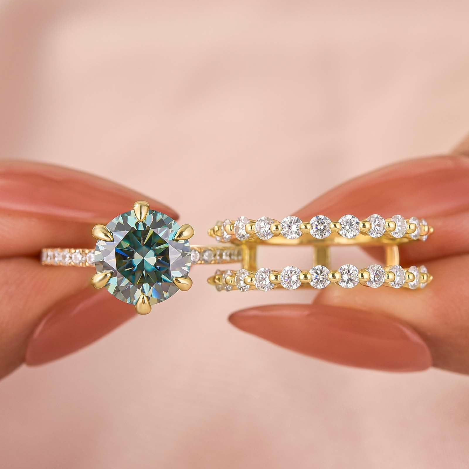 S925 Moissanite 2.0Ct~3.0Ct Radiant Cut/Round Cut Green Hidden Halo Vintage Enhancer Ring Sets For Everyday Wear