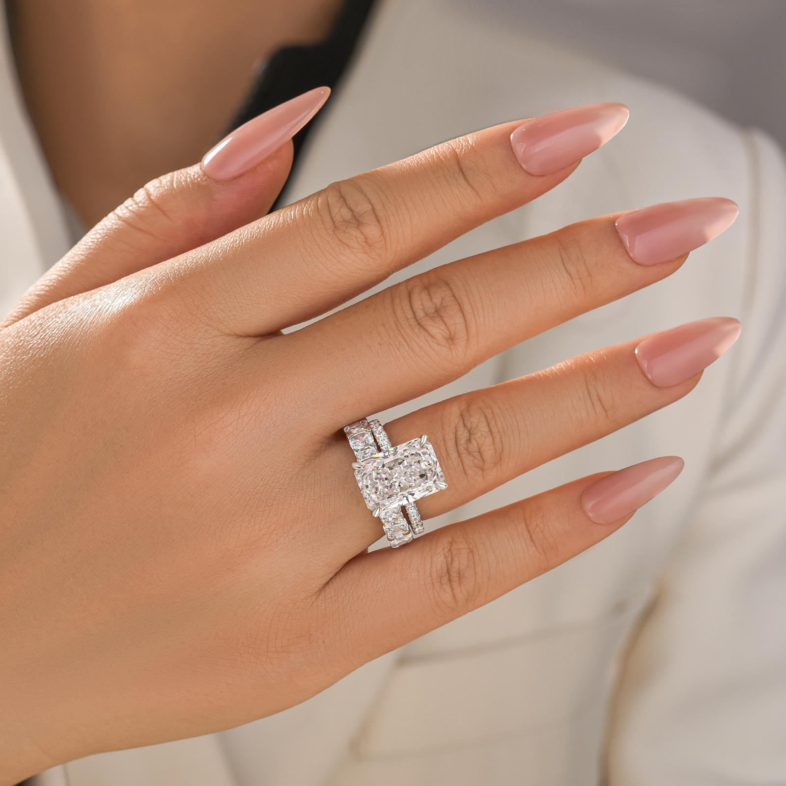 S925 2PC 7.0Ct Radiant Cut Engagement Ring with Cushion & Radiant Cut Wedding Band - louilyjewelry