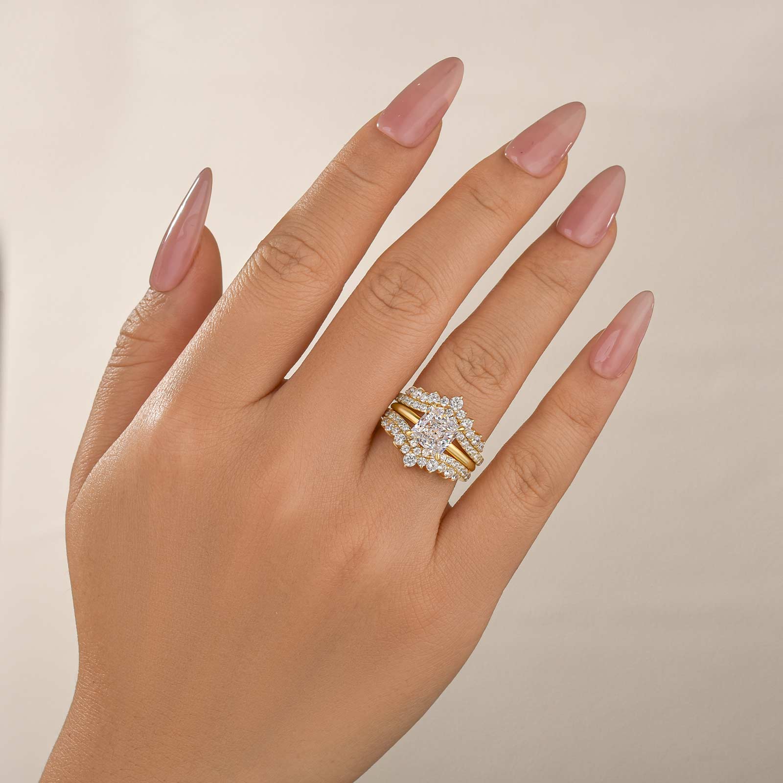 2PC Wedding Sets 2.0Ct Square Princess Cut Engagement Ring With Pavé Full Eternity Enhancer Yellow Gold Wedding Band