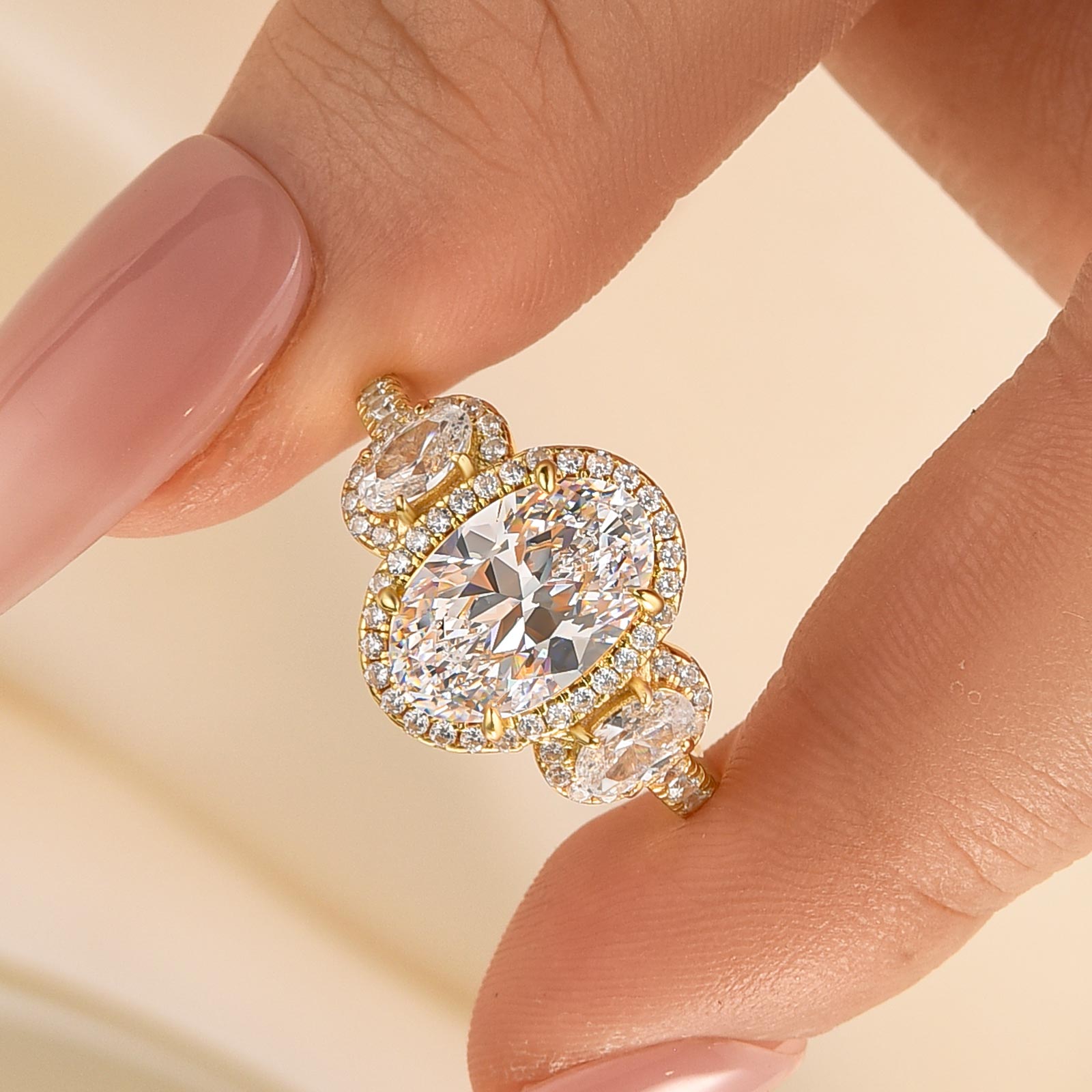 2.5Ct Halo Oval Cut Three Stone Engagement Ring Travel Ring In Sterling Silver