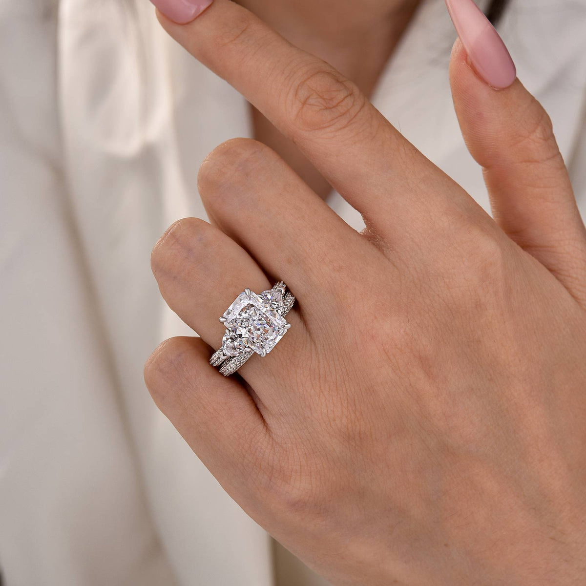 5.0Ct Radiant Cut & Heart Cut Three Stone Wedding Set In Sterling Silver