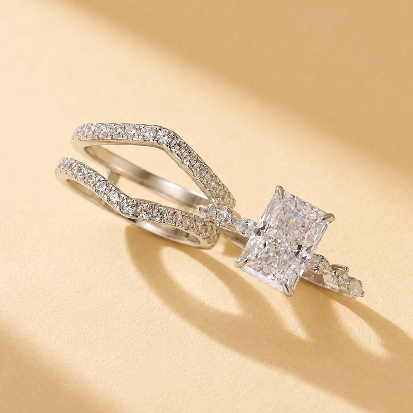 S925 3.5Ct Radiant Cut Engagement Ring in Sterling Silver & Round Cut Wedding Band Enhancer Ring Sets