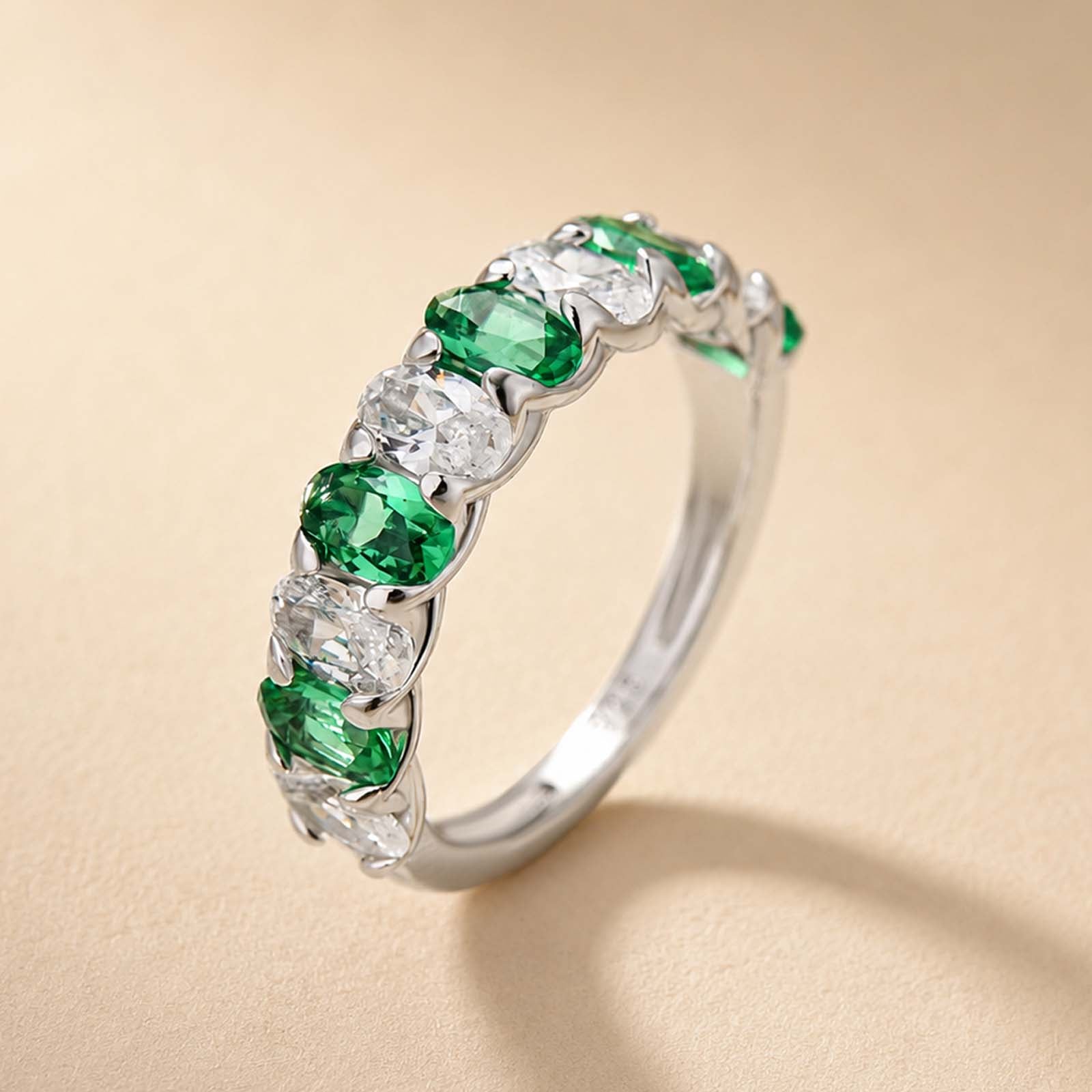S925 Half Eternity 3.0Ct Green & White Oval Cut Wedding Band In Sterling Silver