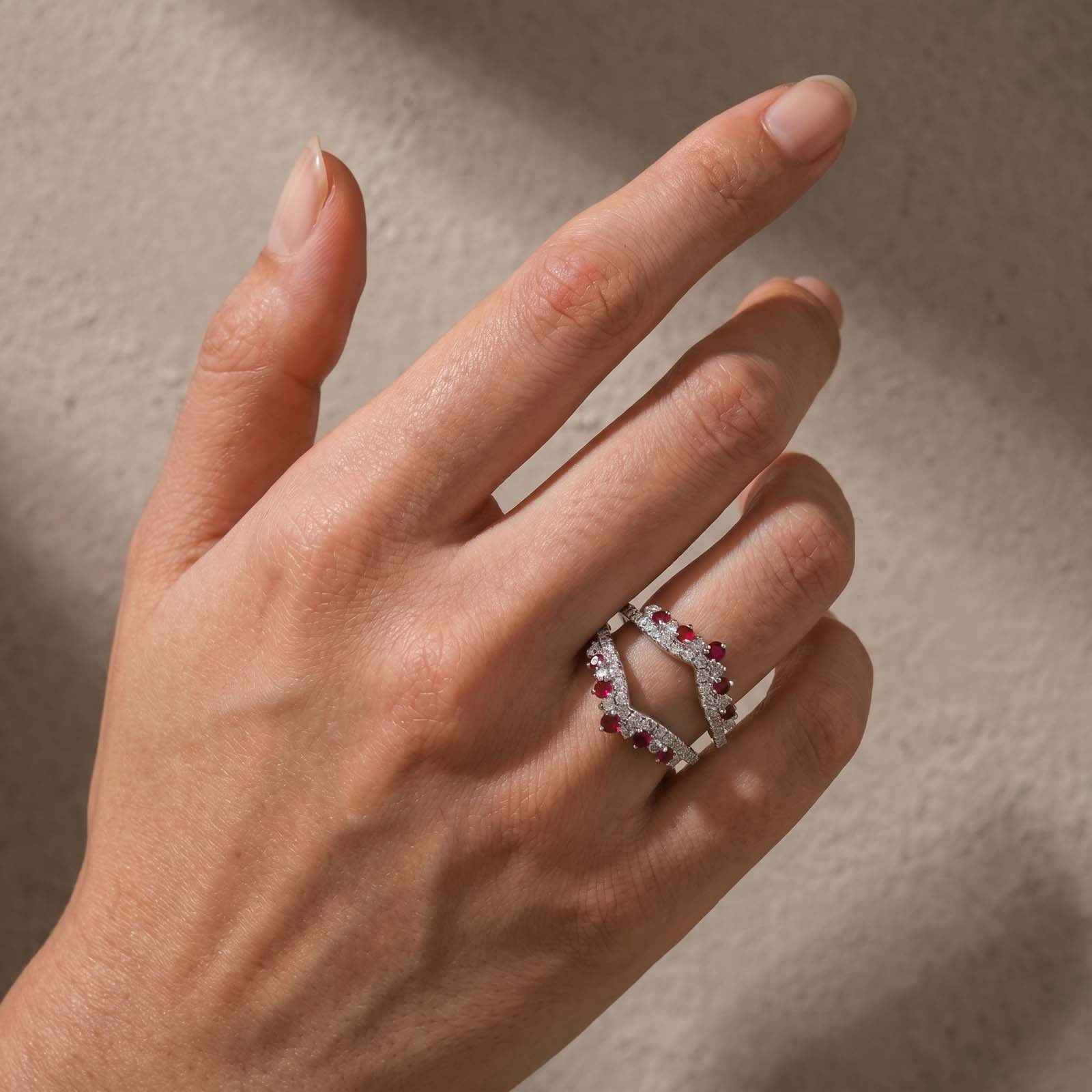 S925 Red&White Round Cut Chevron Wedding Band Enhancer Stackable Ring In Sterling Silver