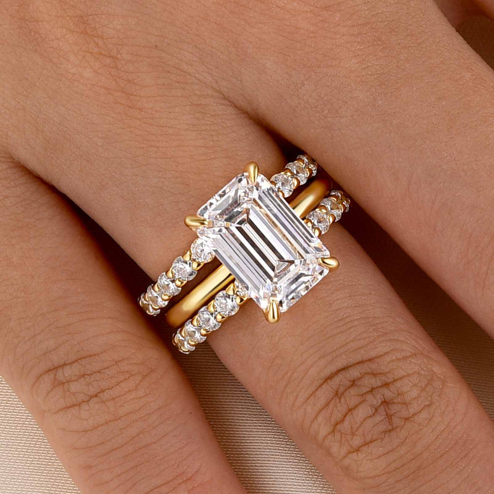 3PC 5.0Ct Emerald Cut Wedding Ring Set With Two Open Wedding Bands