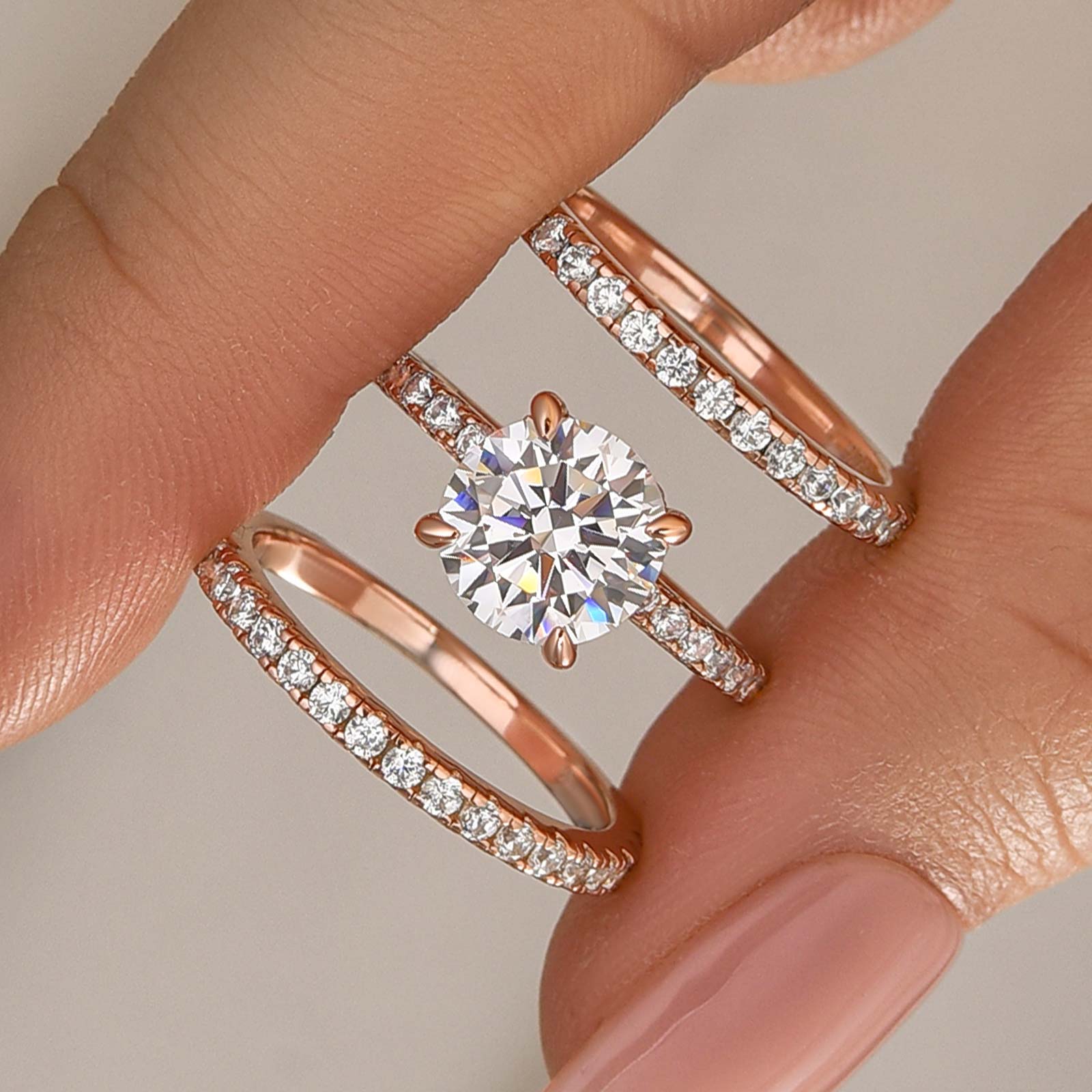 3PC Wedding Ring Set  2.0 Ct Round Cut With 2PC Half Eternity Wedding Band - louilyjewelry