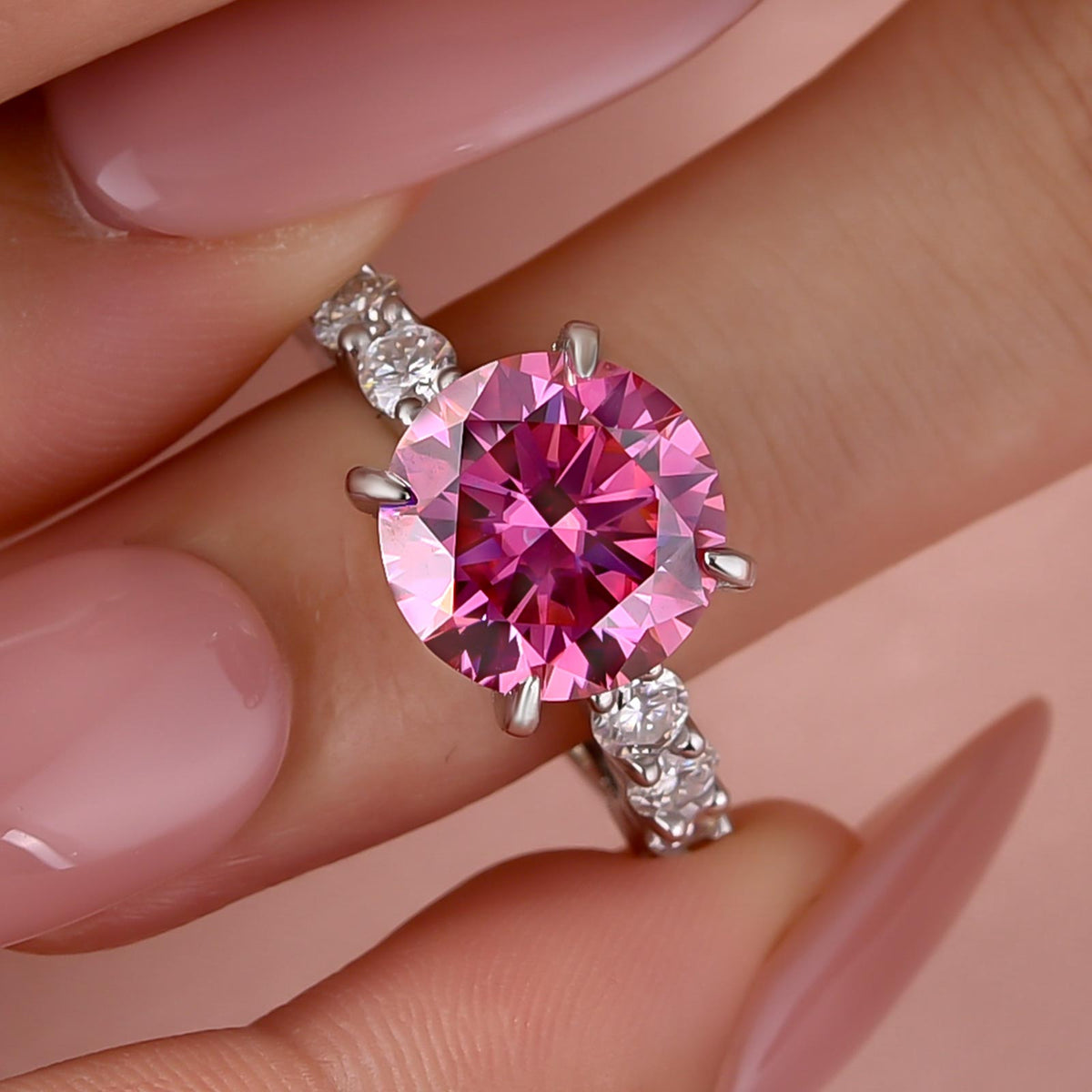Moissanite 2.0Ct-4.0Ct Hidden Halo Pink Round Cut Side Stone Engagement Ring