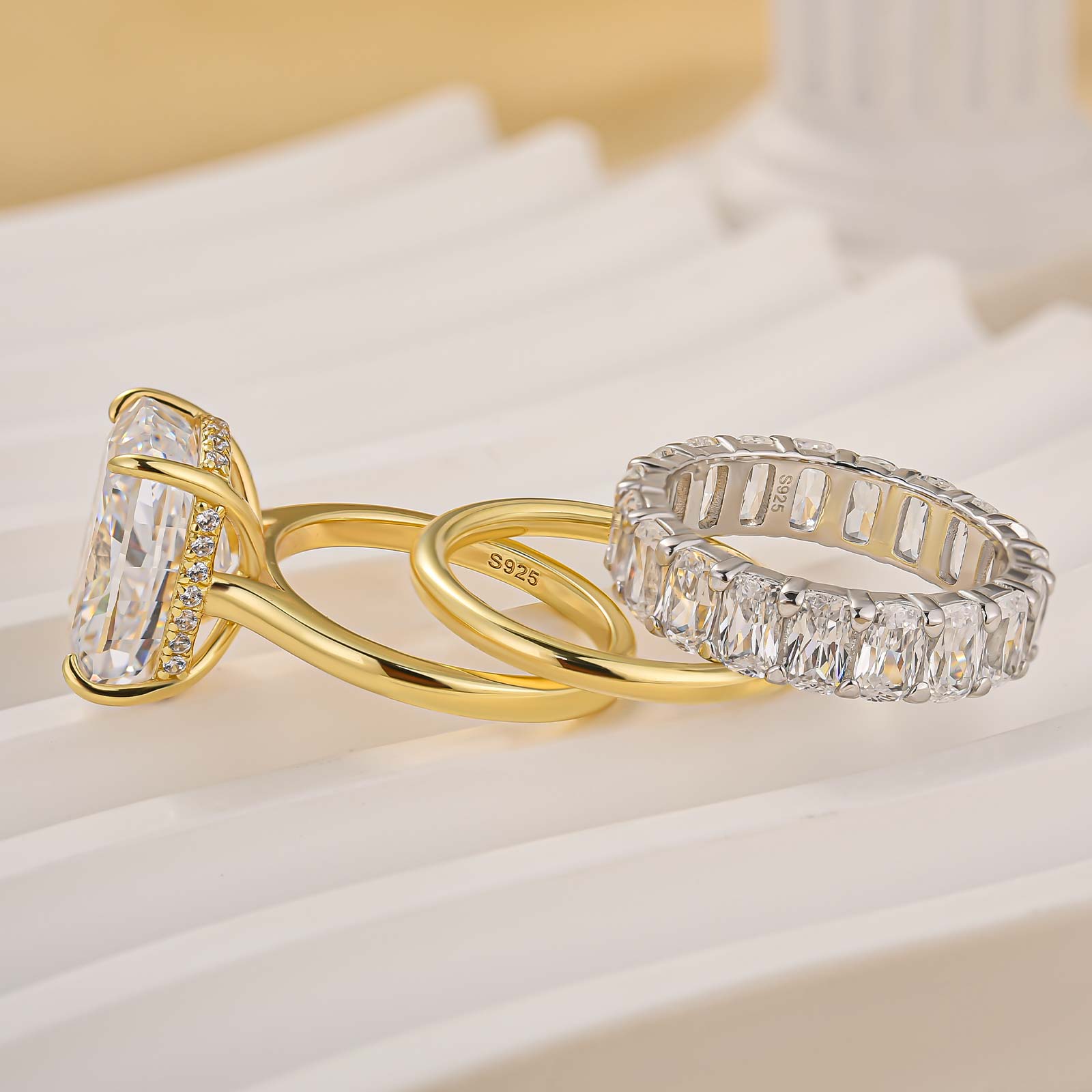 3PC Wedding Sets Cushion Cut 9.0Ct Hidden Halo Yellow Gold Solitaire Engagement Ring with White Gold Cushion Cut Full Eternity Wedding Bands