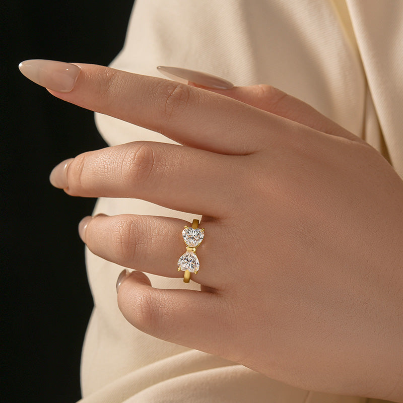 1.0Ct*2 Heart Cut Toi et Moi Yellow Gold Moissanite Engagement Ring in S925 Sterling Silver - louilyjewelry