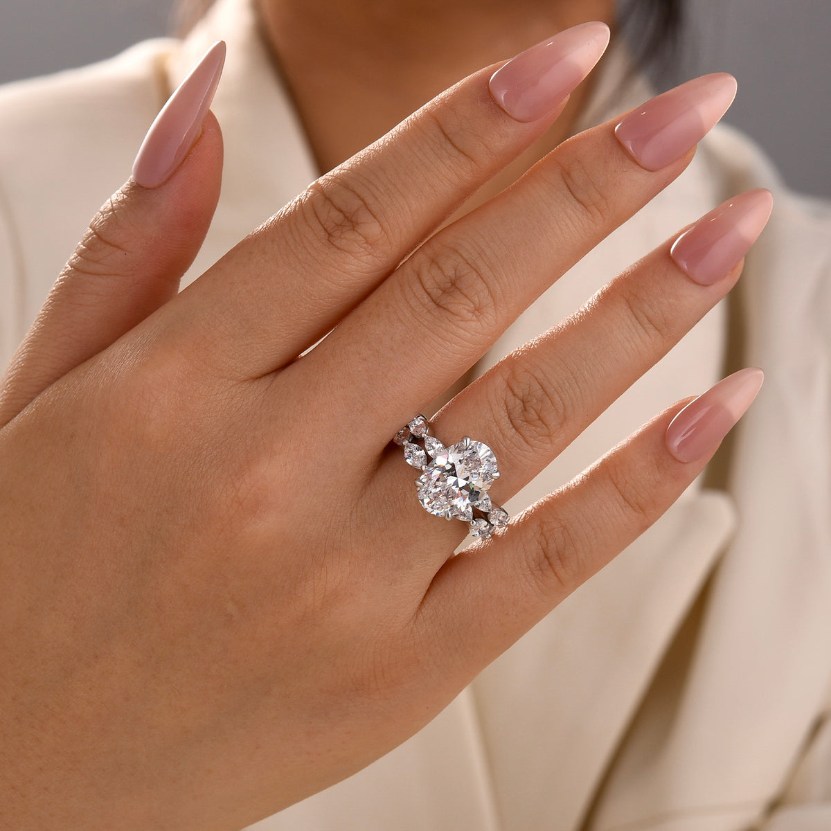 S925 2PC Wedding Ring Set 4.5Ct Oval Cut Engagement Ring With Marquise Cut Full Wedding Band