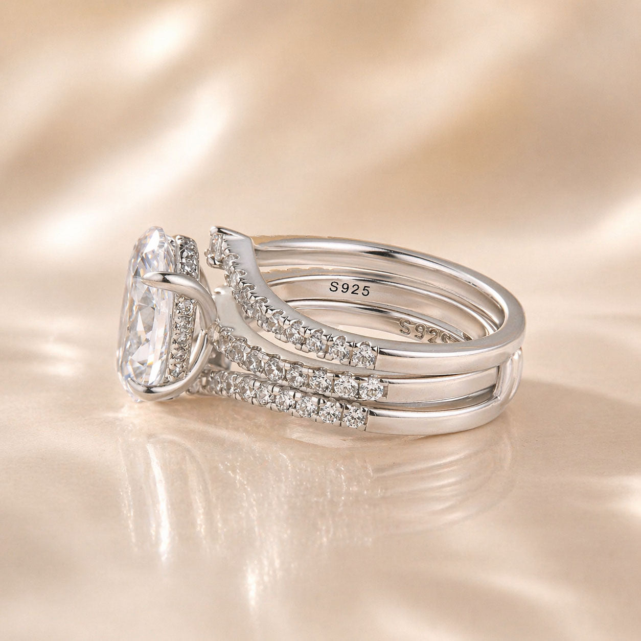 S925 4.0Ct Oval Cut Engagement Ring & Enhancer Wedding Band Stackable Bridal Ring Set