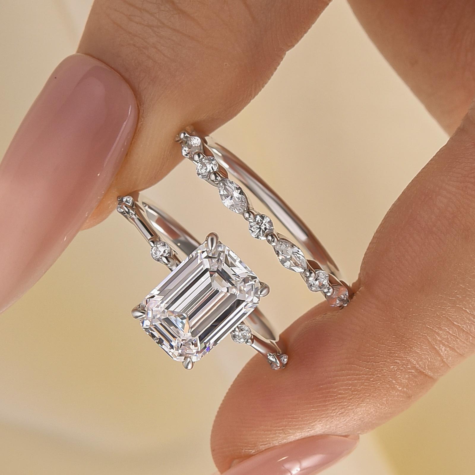 Louily Unique 3.0 Carat Emerald Cut Ring Set For Women