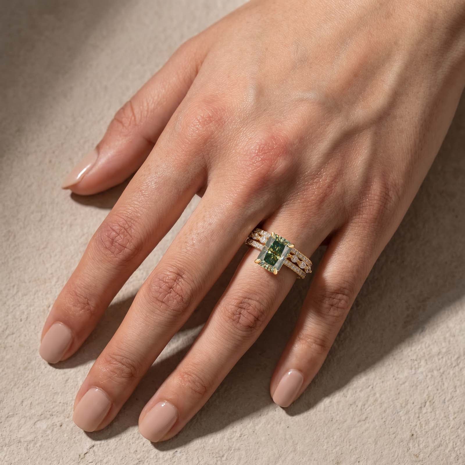S925 Moissanite 3.5CT Radiant Cut Green Engagement Ring with Round & Marquise Accents Bands