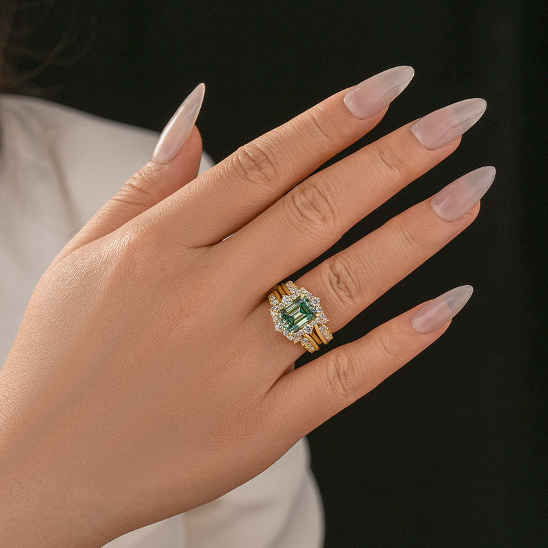 3.0Ct Halo Emerald Cut Insert Wedding Ring Set With Vintage Jacket Wedding Band