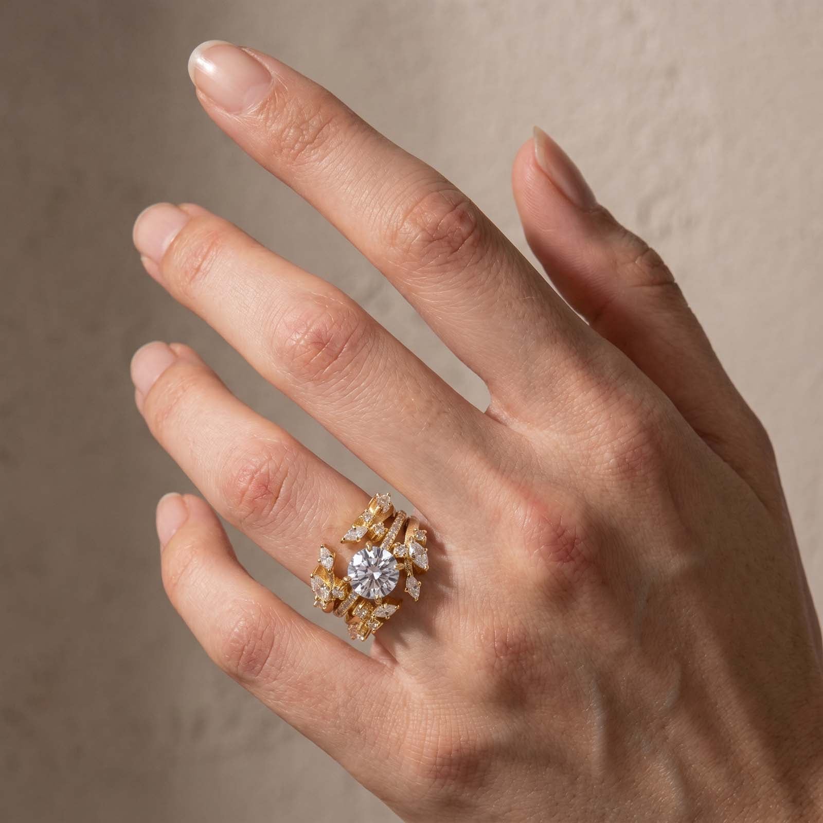S925 2.0Ct Round Cut Engagement Ring with 1.5Ct Marquise&Round Cut Open Curved Wedding Band Nature- Inspired Rings
