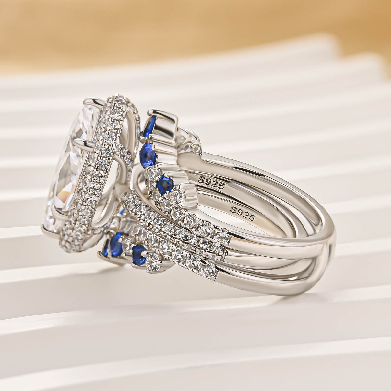 2PC Enhancer Wedding Set 3.0Ct Halo Marquise Cut Engagement Ring with Blue & White Stone Wedding Band