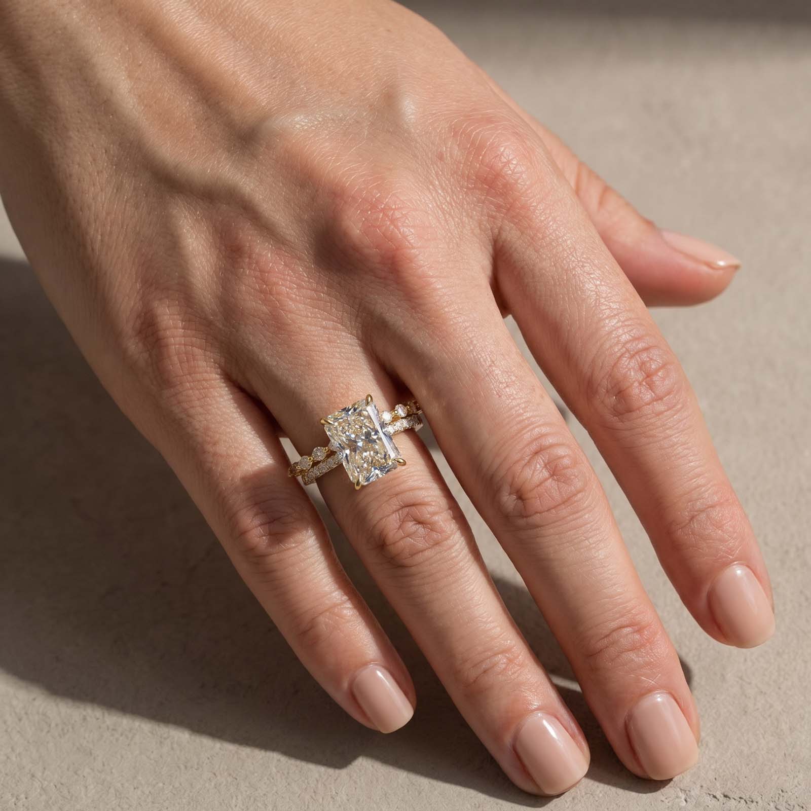S925 4.5Ct Radiant Cut Hidden Halo Wedding Set Brilliance in Every Angle Stackable RIngs