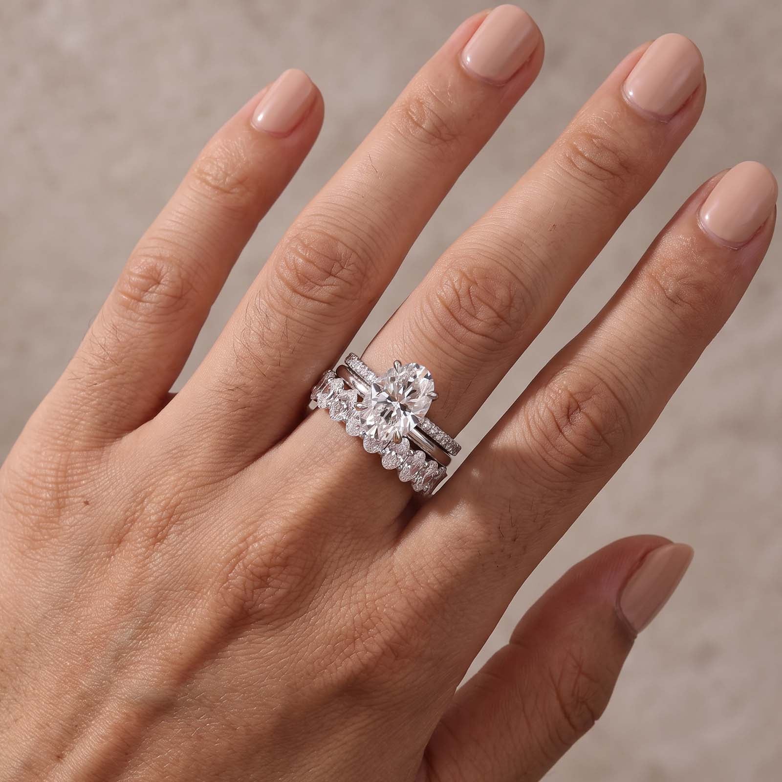 S925 3PC Moissanite 4.0Ct Oval Cut Ring & Two Classic Wedding Bands Stackable Statement Ring Sets