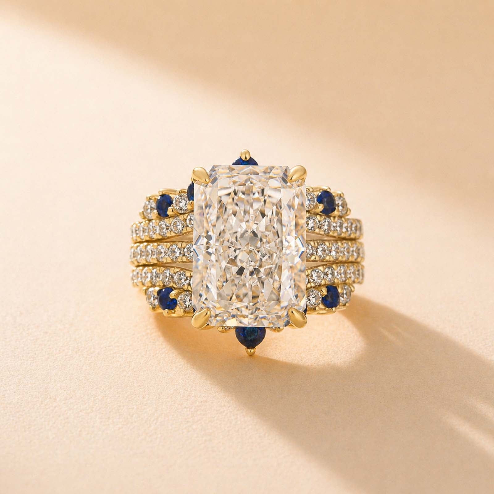 S925 Sterling Silver Classic 7.0Ct Radiant Cut Engagement Ring with Pave Full Eternity Blue & White Enhancer Wedding Band