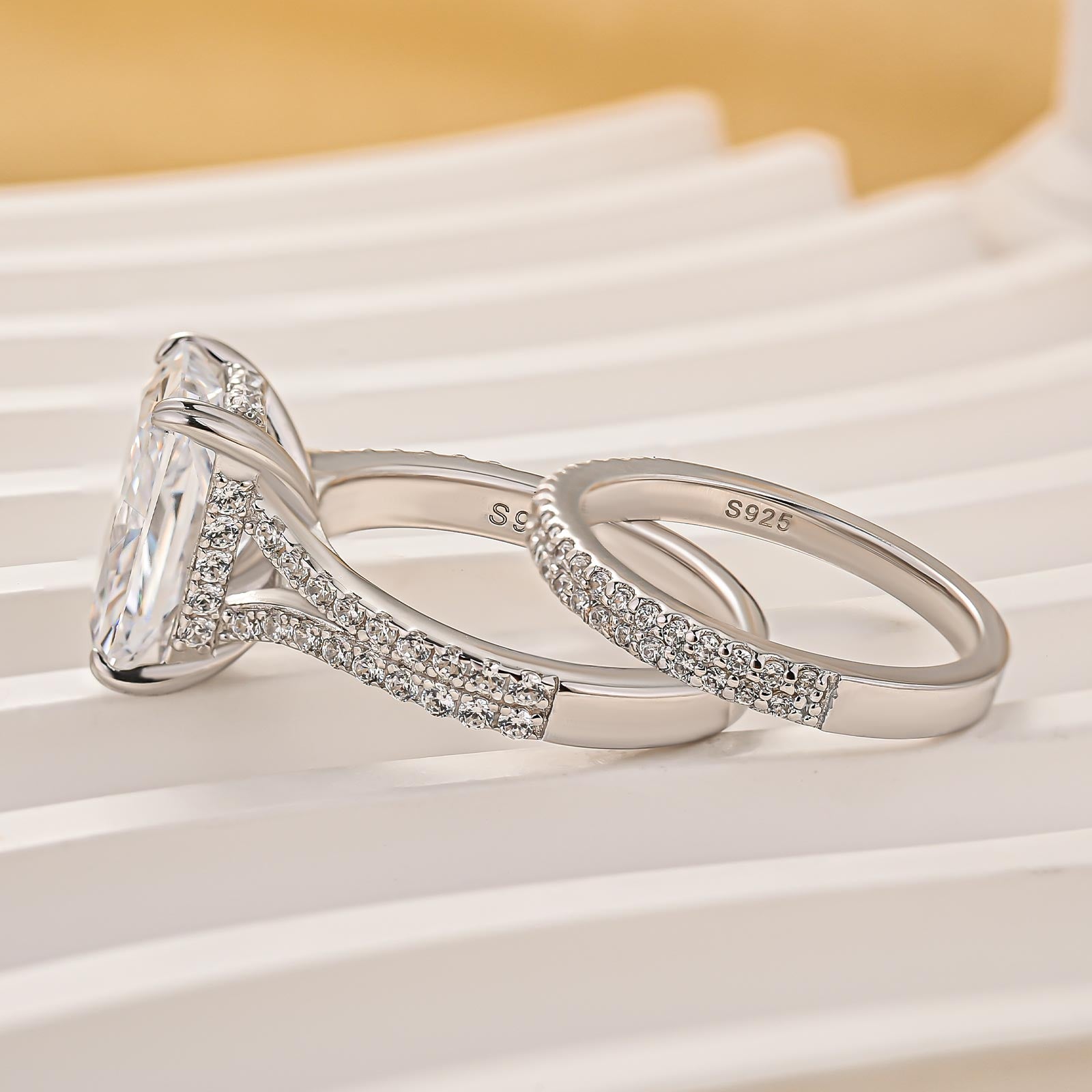 2PC Wedding Ring Set 5.5Ct Radiant Cut Engagement Ring With Double Line Pave Wedding Band