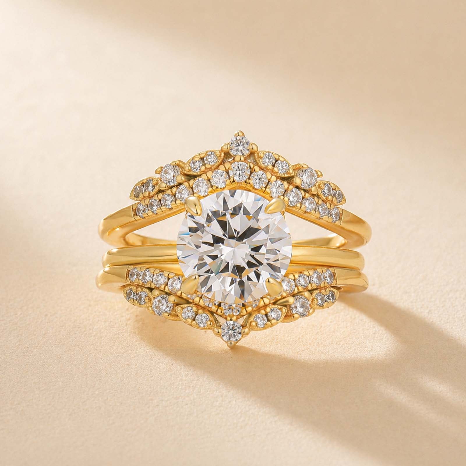 S925 Luxurious 2.0Ct Round Cut Solitaire Engagement Ring In Sterling Silver With Crown-Shaped Enhancer Wedding Band