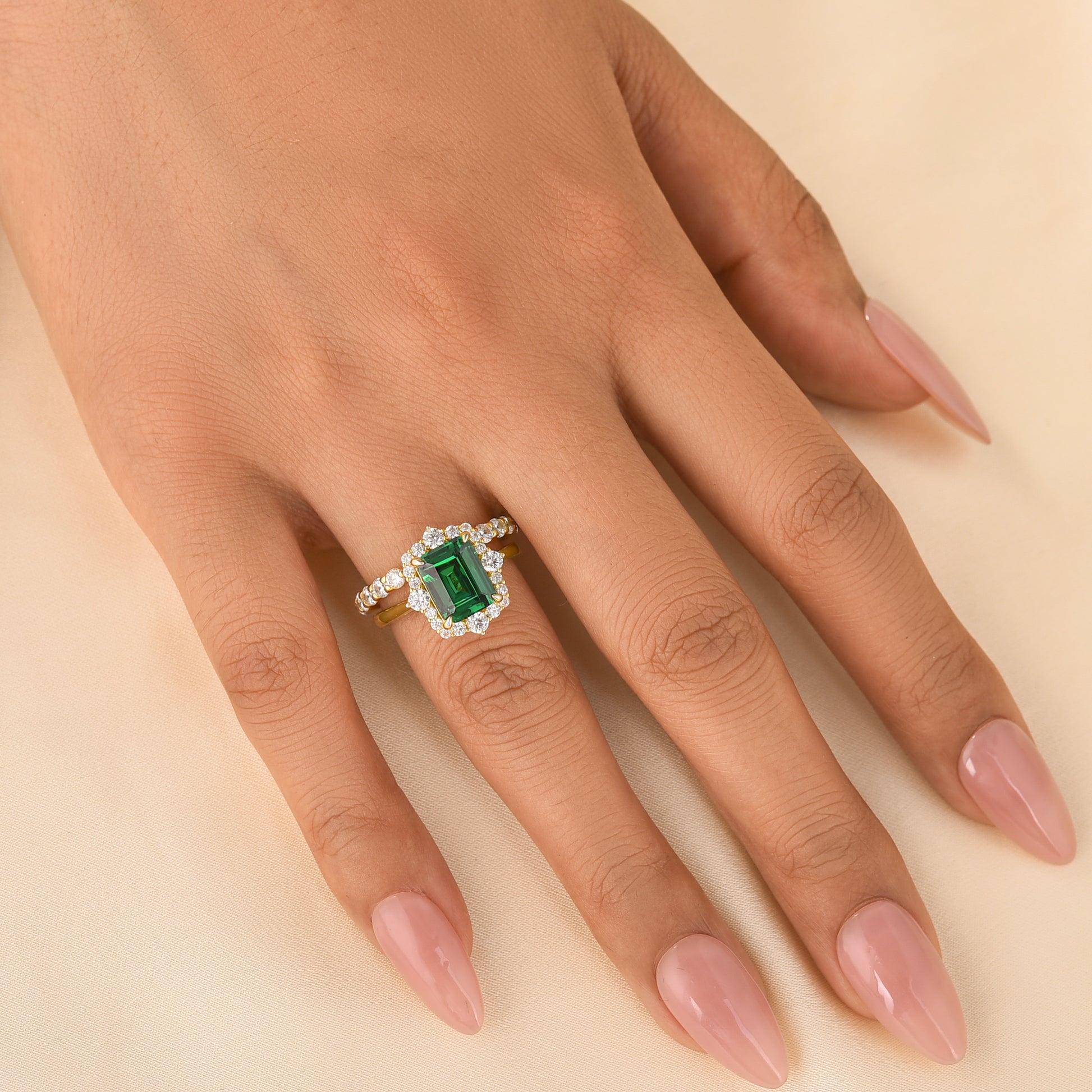 S925 Halo 3.0Ct Green Emerald Cut Engagement Ring & Open Wedding Band Stackable Rings For Everyday Wear