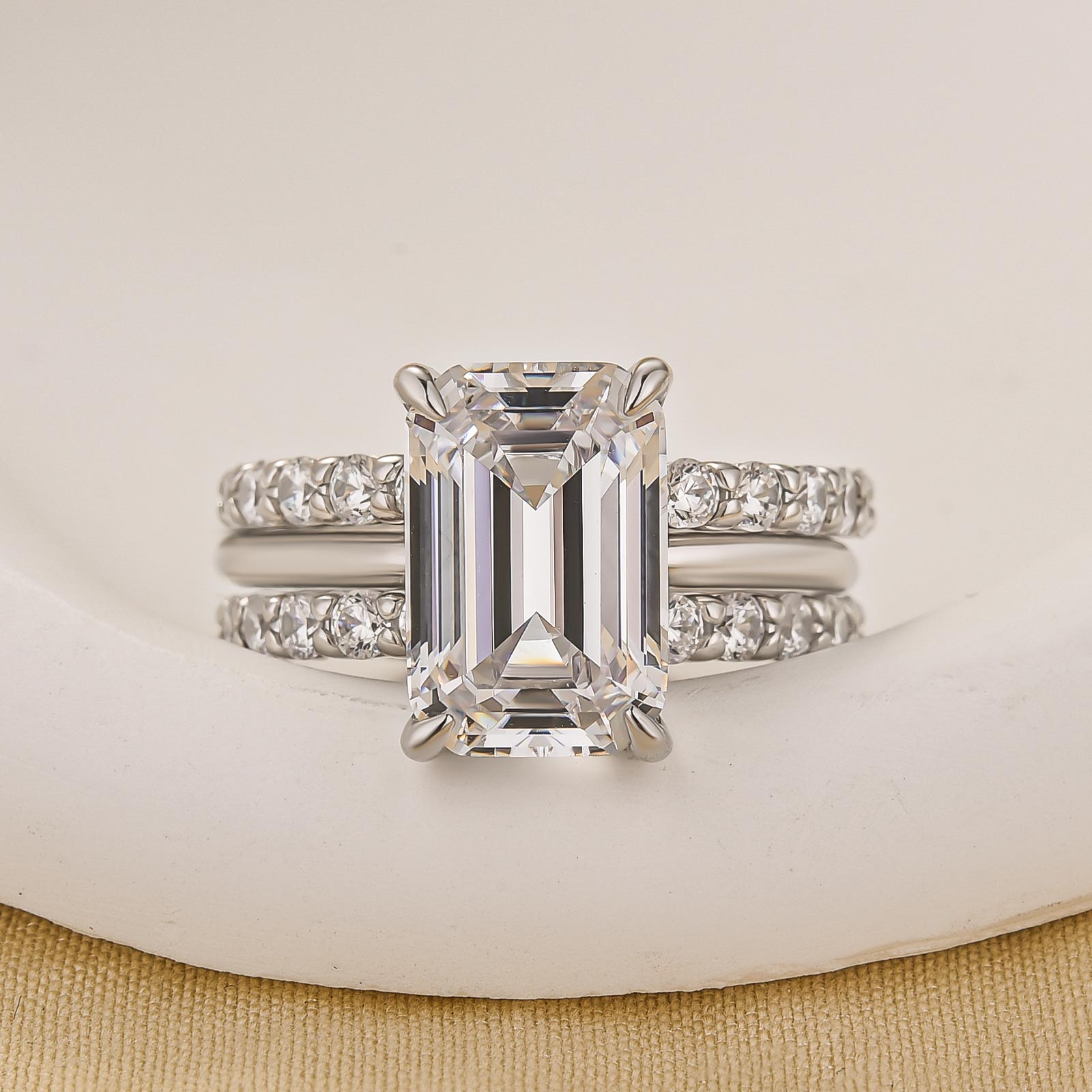 3PC 5.0Ct Emerald Cut Wedding Ring Set With Two Open Wedding Bands