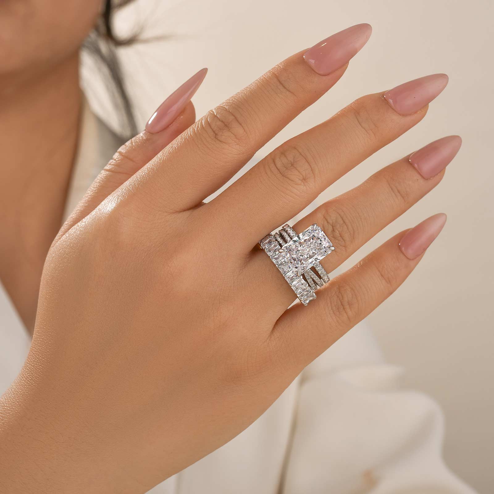 3PC Wedding Sets 7.0Ct Radiant Cut Hidden Halo Half Eternity Engagement Ring with 2PC Design wedding bands