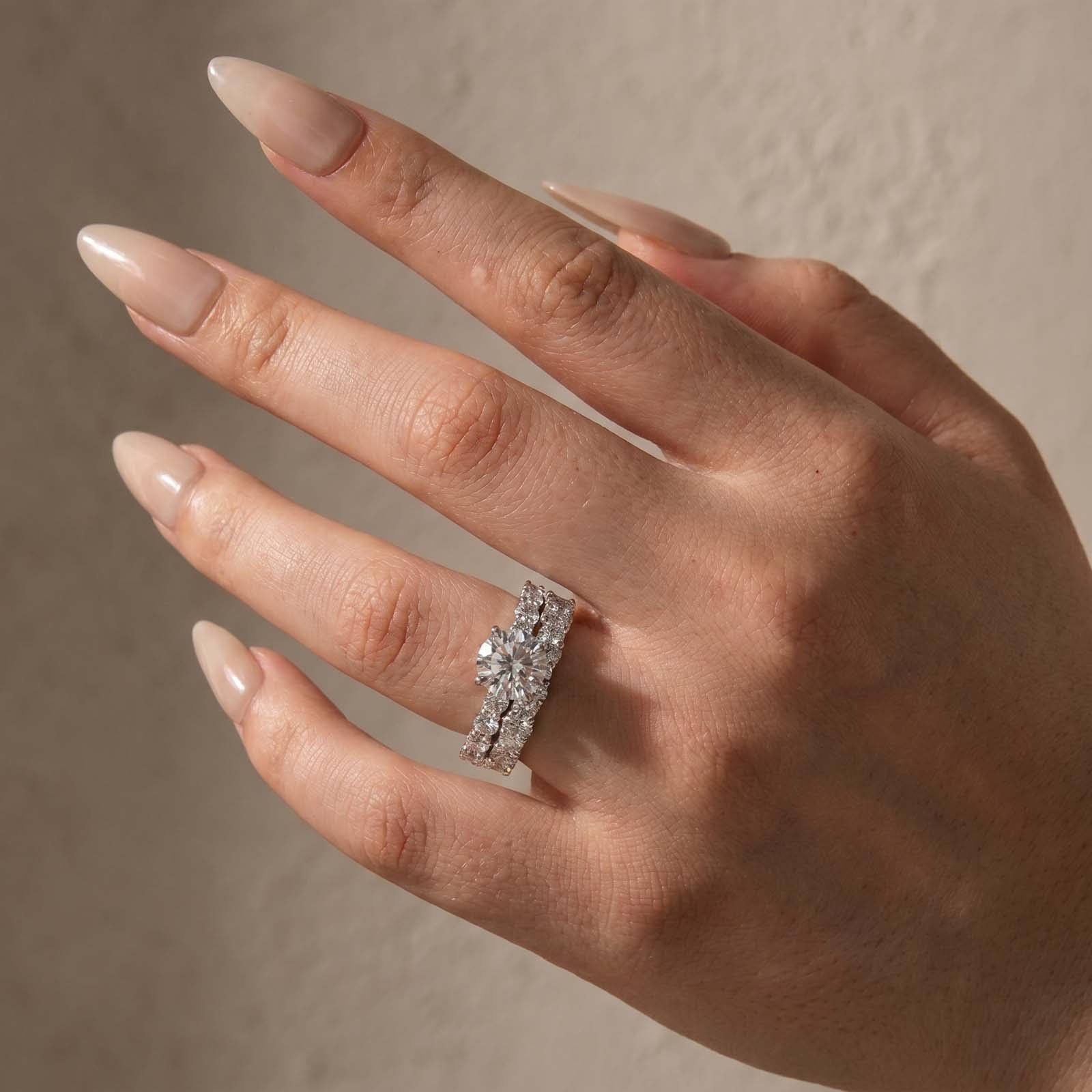S925 2.0CT Round Cut Moissanite 2PC Brival Ring Set Solitaire Promise Ring & Pavé Eternity Band