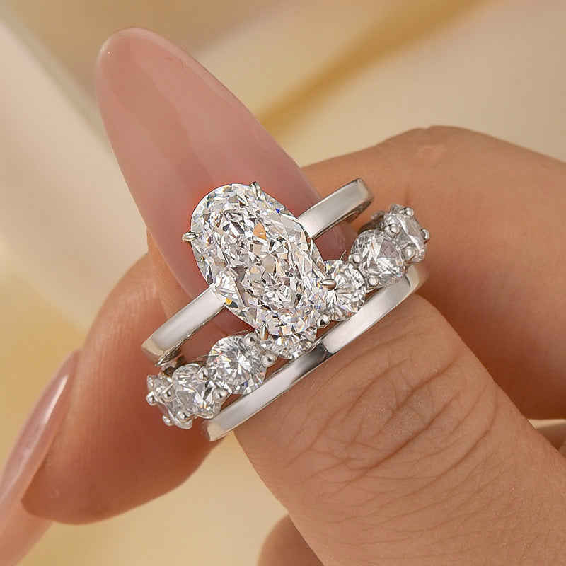 3PC Wedding Ring Set 4.0Ct Solitaire Oval Cut Engagement Ring With Plain Wedding Band