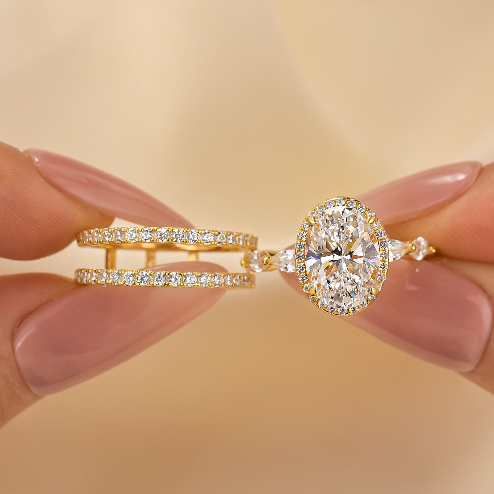 2PC 3.0Ct Halo Oval Cut Yellow Gold Wedding Ring Set With Enhancer Engagement Ring