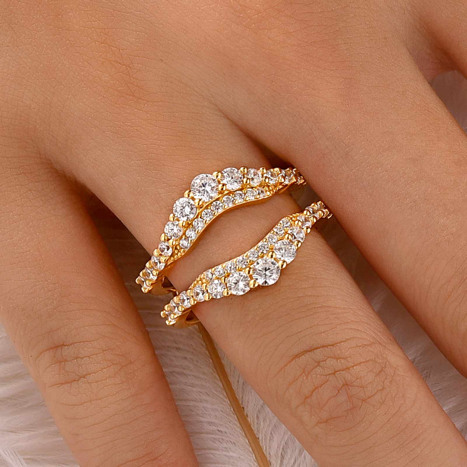 Vintage Stackable Enhancer Round Cut Double-Row Curved Wedding Band In Sterling Silver