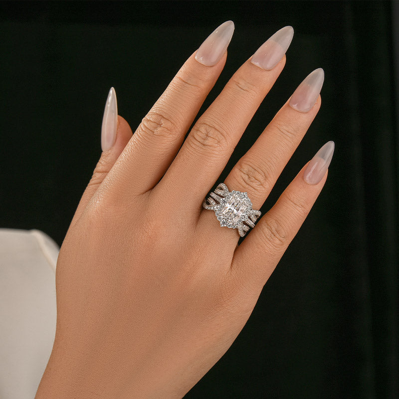 Louily Moissanite 3.0Ct White Gold Halo Radiant Cut Wedding Ring Set Stack Wedding Ring with Enhancer Wedding Band