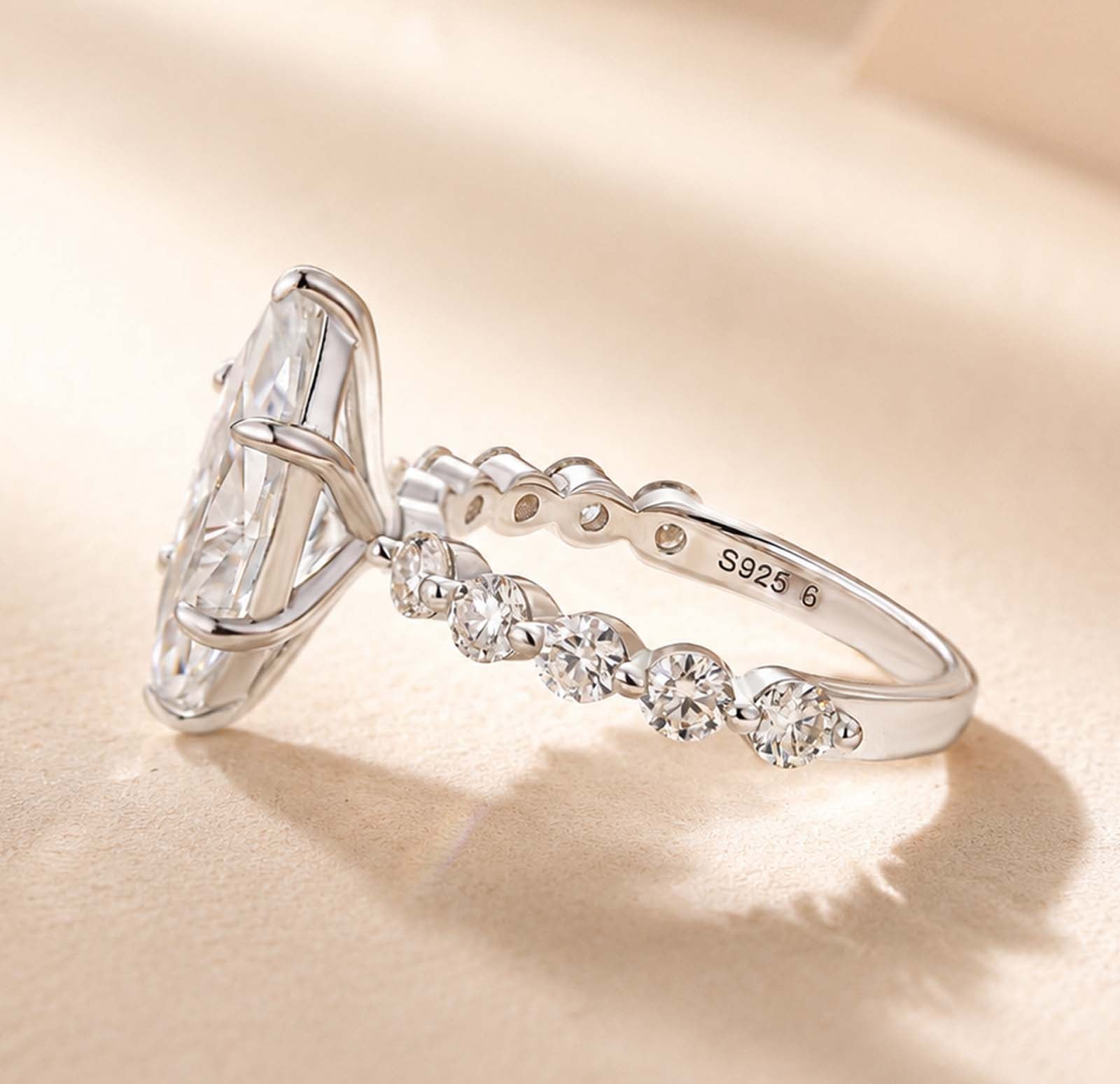 S925 Moissanite 3.0Ct Marquise Cut Side Stone Promise Ring Everyday Wearable Ring For Her