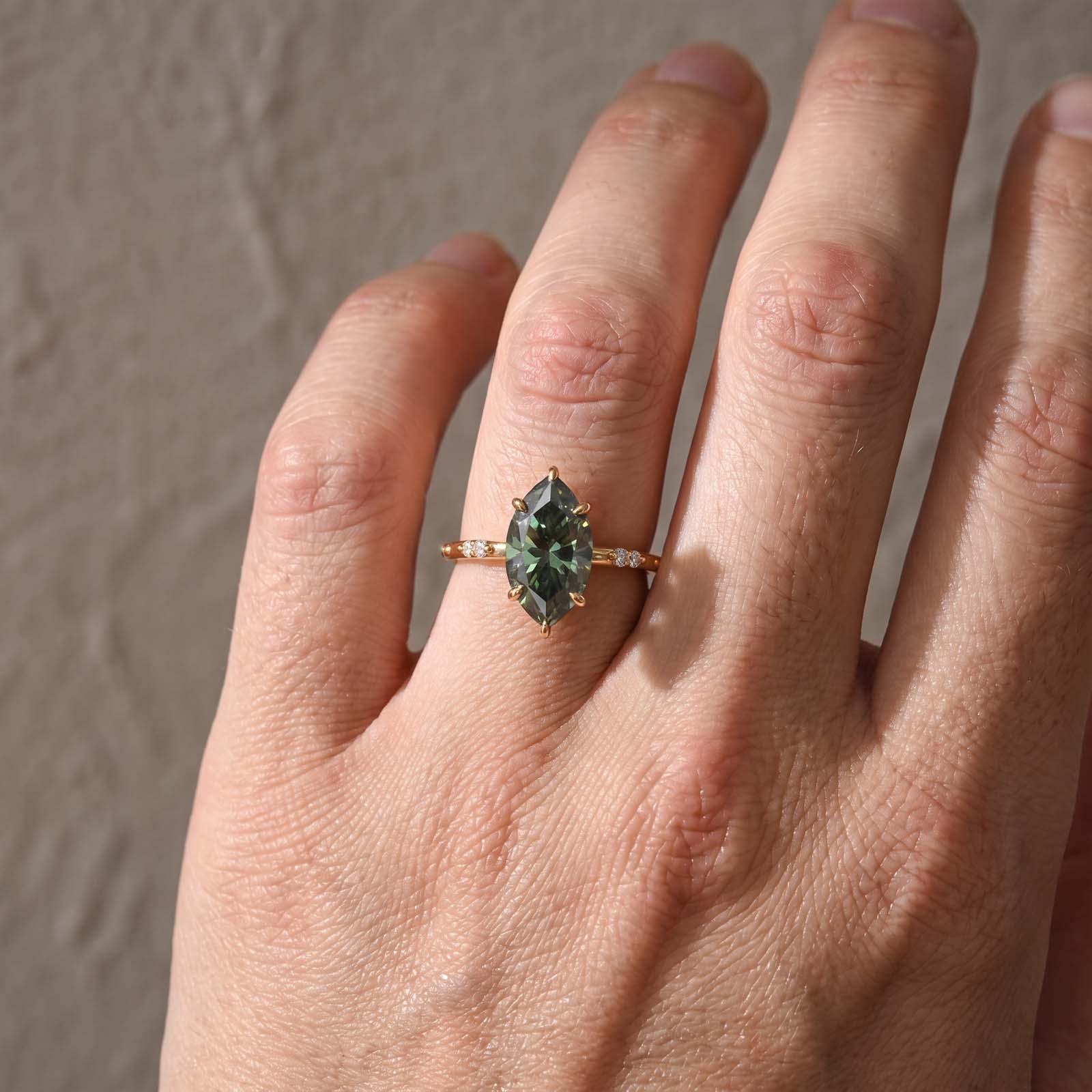 S925 Moissanite 4.0Ct Marquise Cut 18K Yellow Gold Plated Green‑hued Ring For Everyday Wear