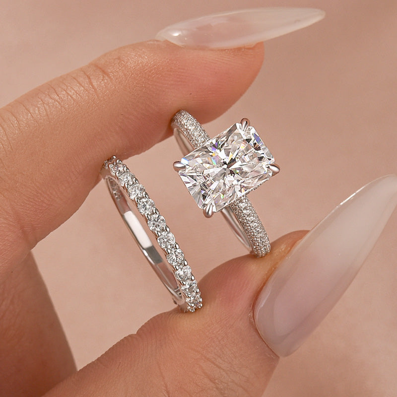 Louily Moissanite 3.5Ct Radiant Cut White Gold Wedding Ring Set Engagement Ring with Pavé Eternity Ring