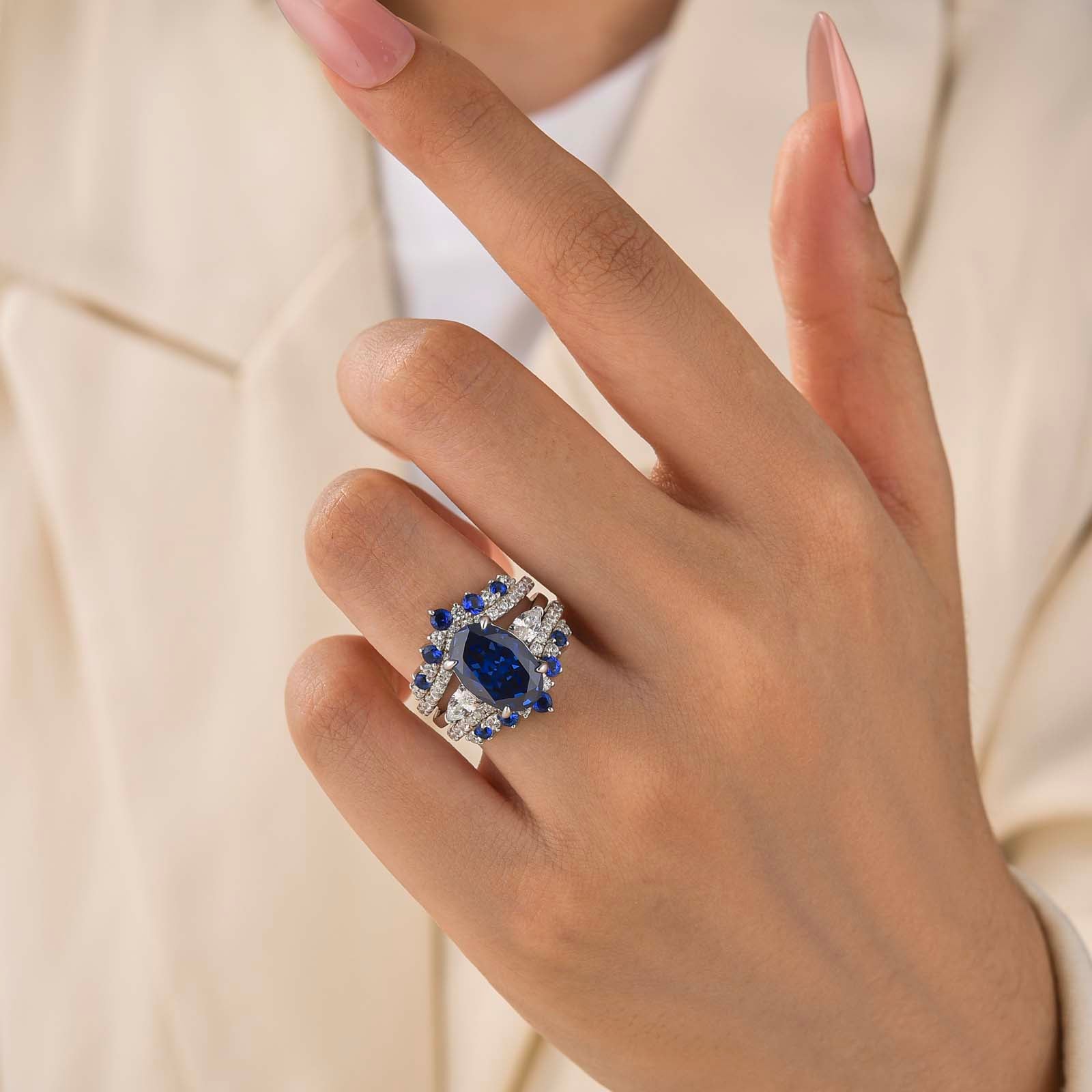 S925 4.0Ct Oval Cut Vintage Three Stone Blue & White Stone Engagement Ring & Pavé Full Eternity Band Enhancer Bridal Sets